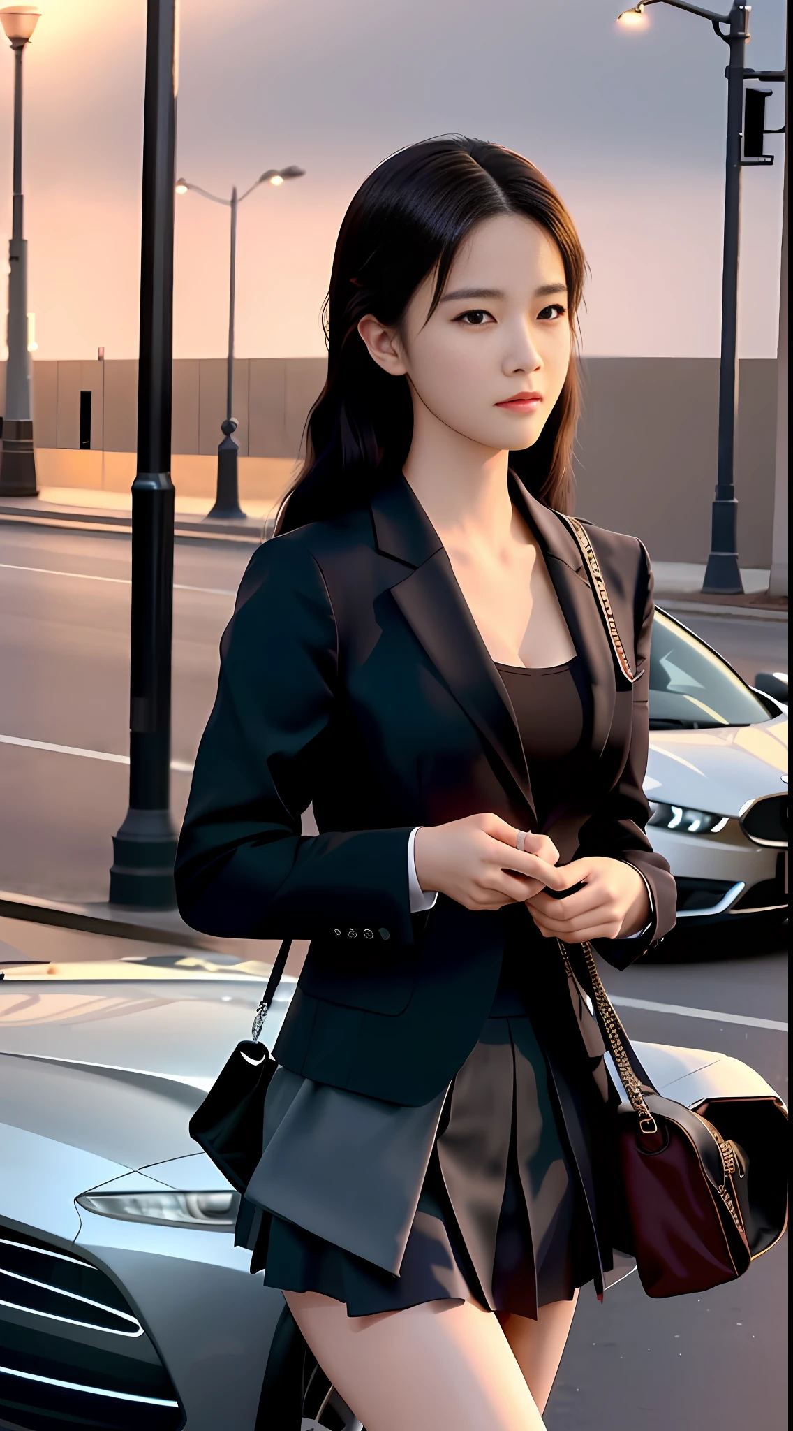 best quality, masterpiece, 1 girl, beautiful face resembling Liu Yifei, (photo photo:1.3), edge lighting, (high detail skin:1.2), 8k ultra hd, DSLR, high quality, high resolution, 4k, 8k, bokeh, street, best ratio four fingers and one thumb, (realistic:1.3), cute 1girl, wearing black formal blazer, medium breasts, short skirt,