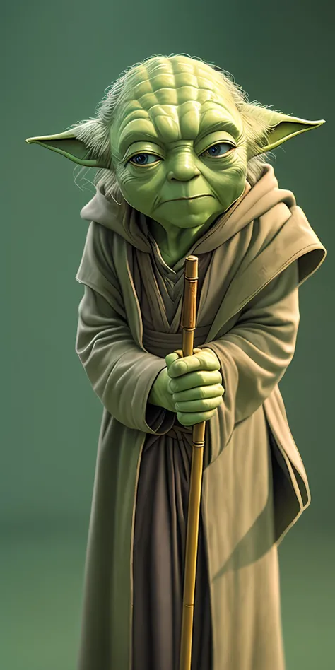 4k, a low Master Yoda with a cane, eye contact, focus, background ...