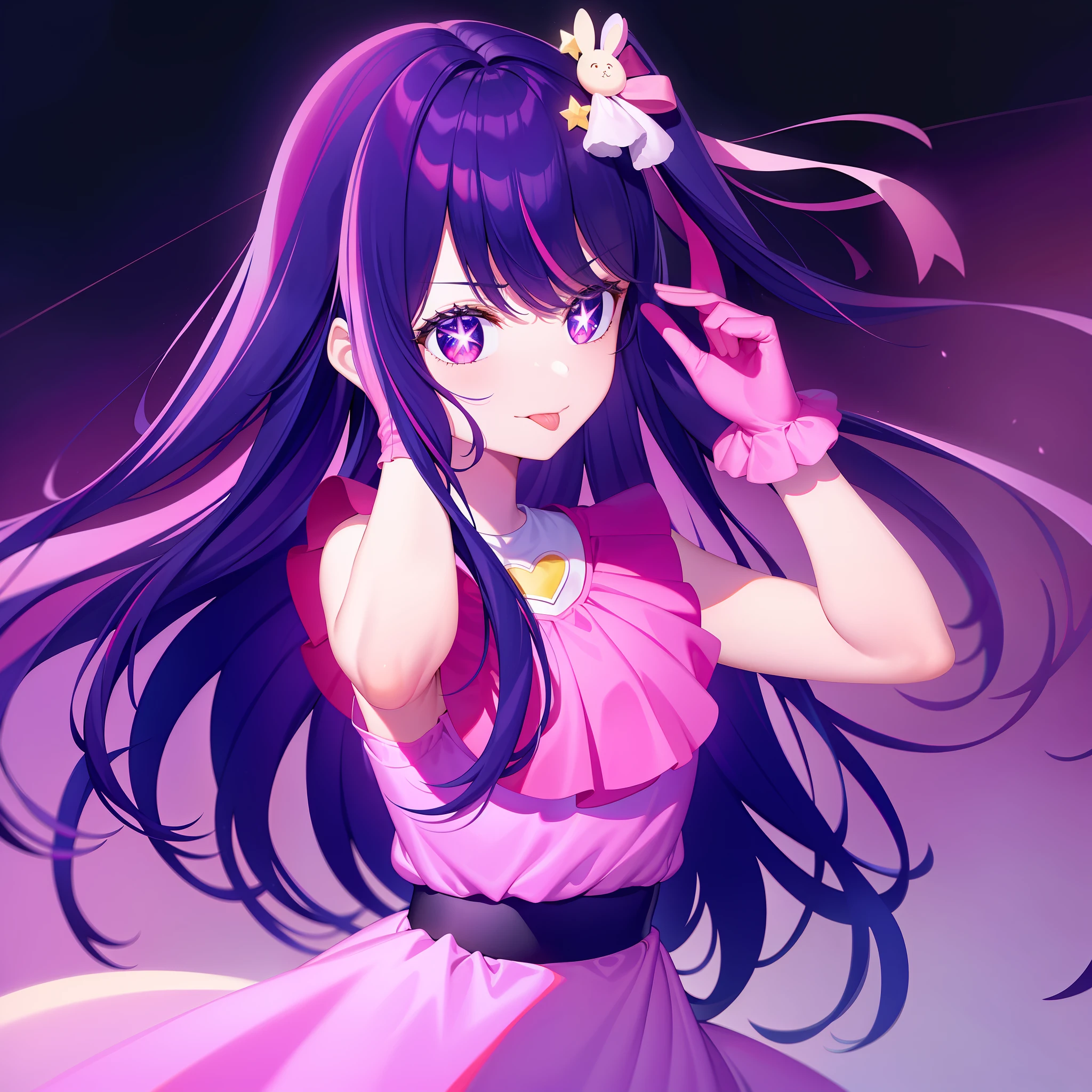 1girl, illustration, masterpiece, best quality, super detail, fine detail, depth of field, hoshino eye, gloves, tongue sticking out, tongue, long hair, star, camera gaze, purple hair, purple eyes, upper body, hair ornament, :p, ruffles, pink shirt, smile, sleeveless, shirt, idol, symbol pupil, Hands up, bangs, one side up, star-shaped pupils, arms raised, pulling dress