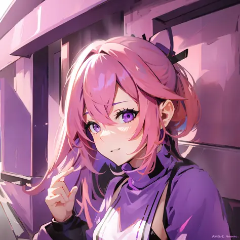 girl, meme reaction style, purple eyes, pink hair