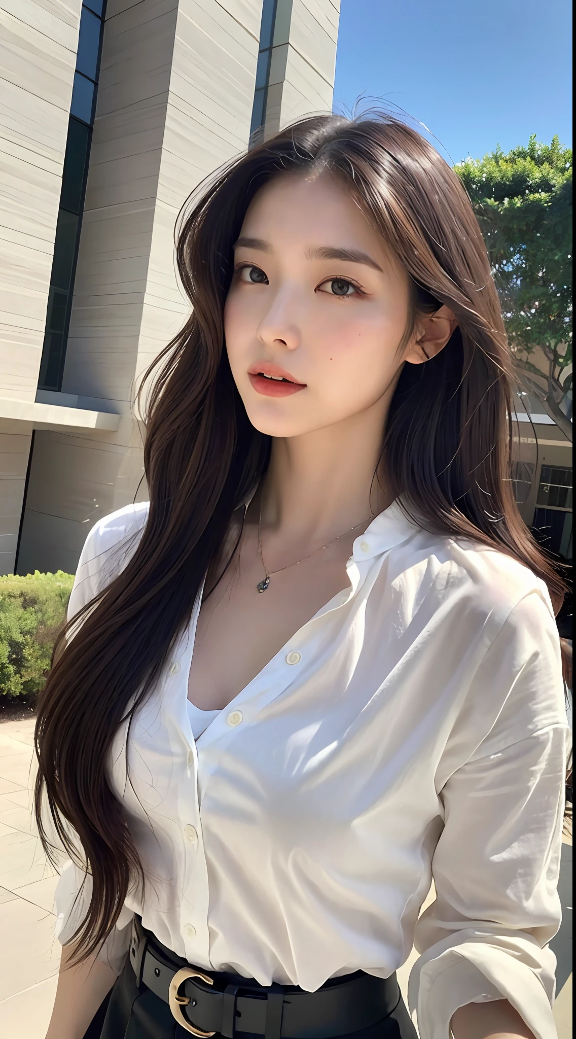 (top quality, high resolution, masterpiece: 1.3), tall and pretty woman, slender abs, dark brown hair styled with loose waves, chest, wearing pendant, white button-up shirt, belt, black skirt, (modern architecture in background), exquisitely rendered details on face and skin texture, detailed eyes, double eyelids, no bra, shirt fitted to bare skin, from above