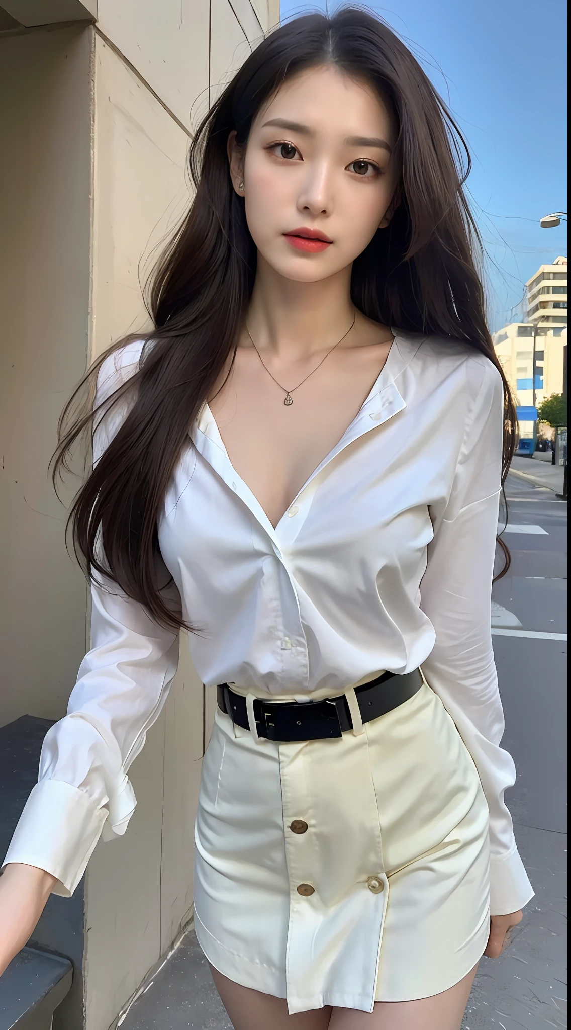 (top quality, high resolution, masterpiece: 1.3), tall and pretty woman, slender abs, dark brown hair styled with loose waves, chest, wearing pendant, white button-up shirt, belt, black skirt, (modern architecture in background), exquisitely rendered details on face and skin texture, detailed eyes, double eyelids, no bra, shirt fitted to bare skin, from above