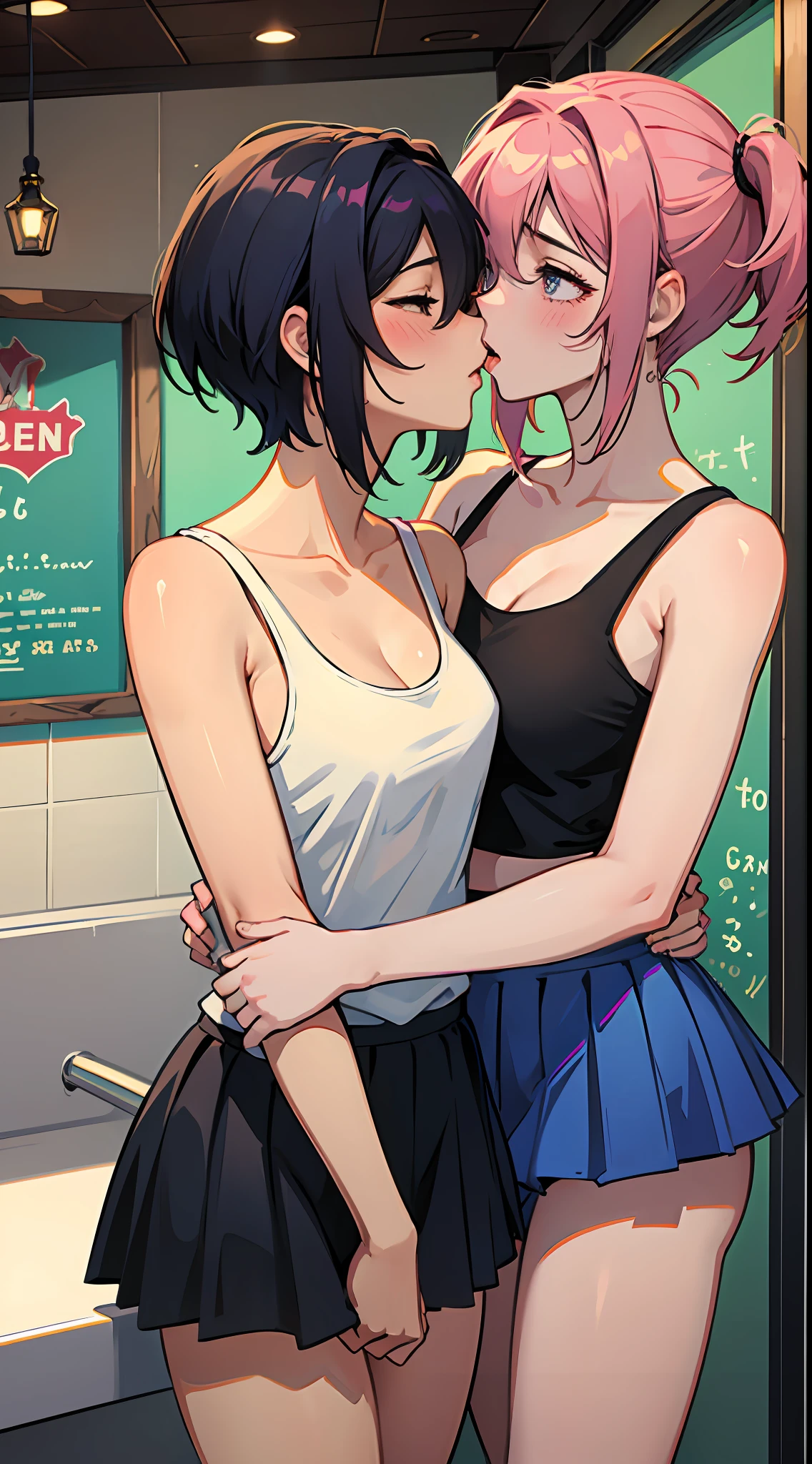 2 femmes s’amusant dans le magasin de glaces, Obscène:1,2, hentaï:1,2, NSFW:1,2, Yuri lesbien:1,2, embrasser, rougir, porter des débardeurs et des jupes