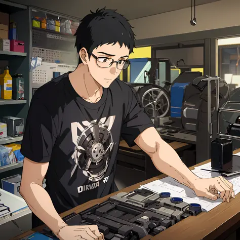 A boy with short black hair, a black T-shirt and glasses in the background was a mechanical repair shop