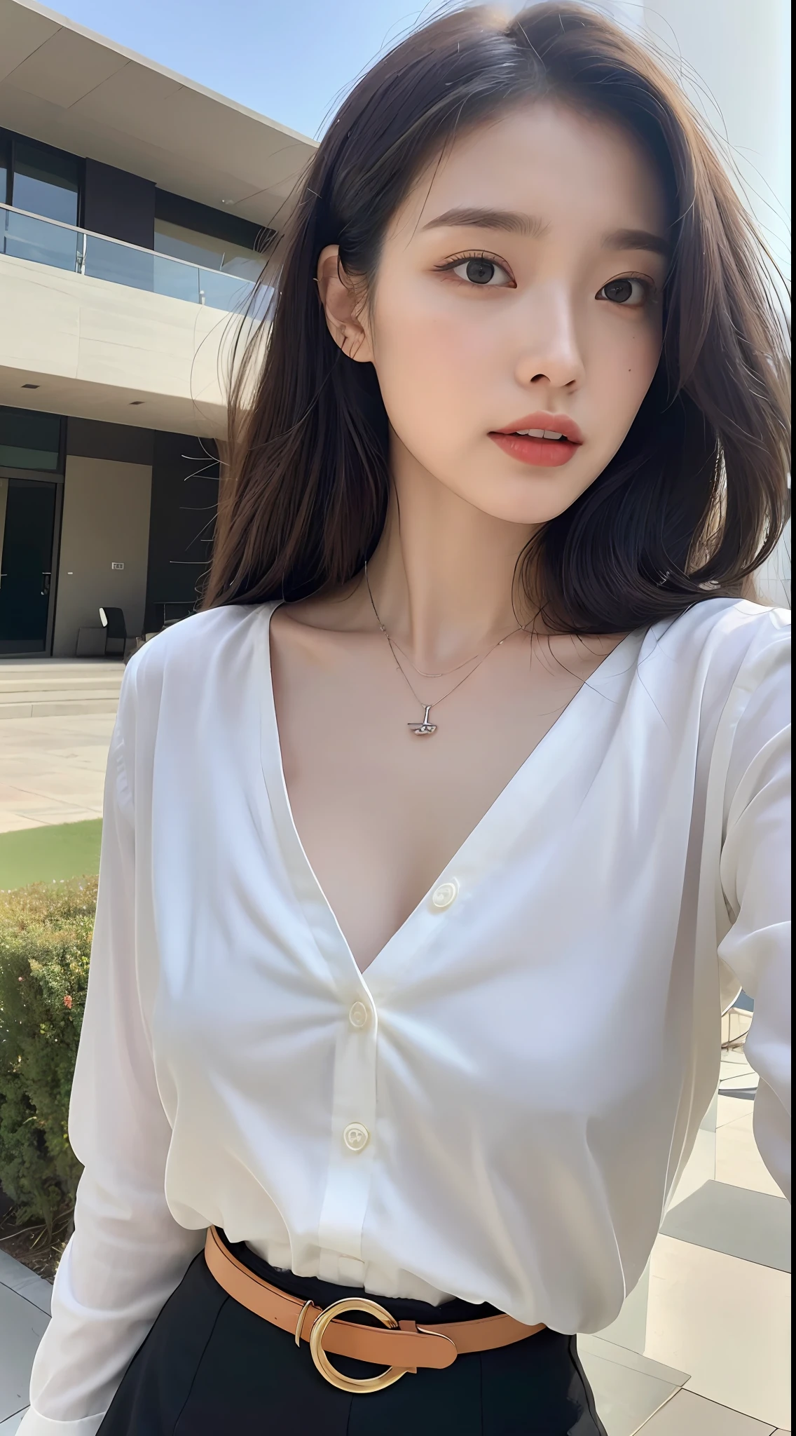 (highest quality, high resolution, masterpiece: 1.3), braless, bare skin-fitting shirt, tall and cute woman, big, slender abs, breasts, wearing pendant, white button-up shirt, belt, black skirt, (modern architecture in the background), exquisitely rendered details on face and skin texture, detailed eyes, double eyelids,