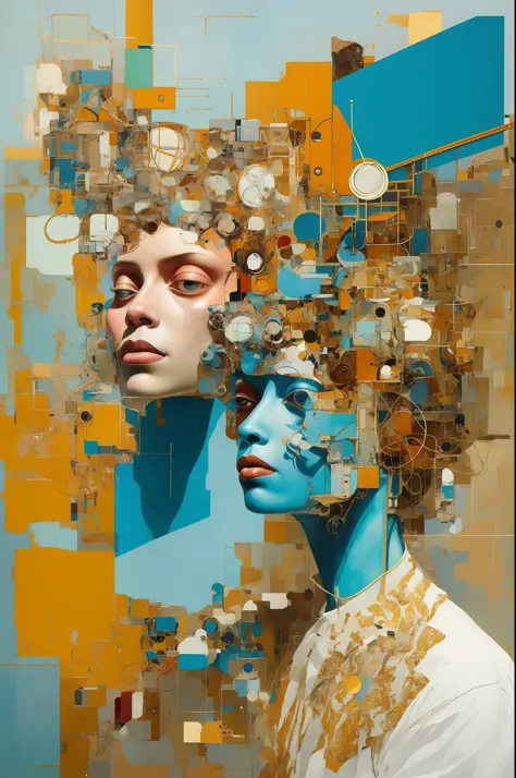 in the style of cyberpunk futurism, african influence, etam cru, light blue and gold, michael creese, steelpunk, michael hussar,...