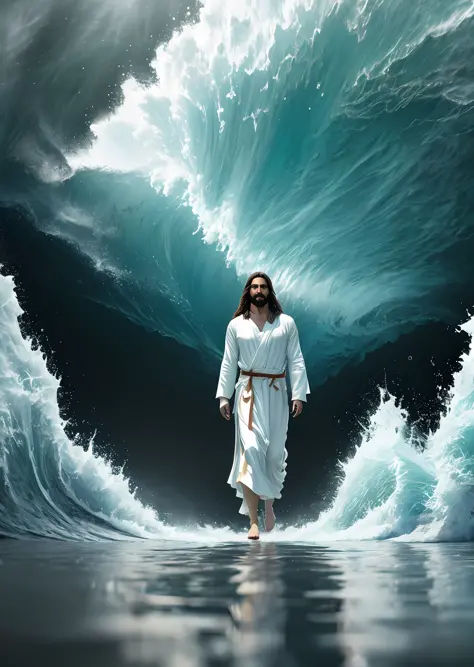 jesus walking on water in a storm, masterpiece, best quality, high quality, extremely detailed CG unit 8k wallpaper, award winning photography, Bokeh, Depth of Field, HDR, bloom, Chromatic aberration, photorealistic, extremely detailed, trending on artstation, trending on CGsociety, intricate, high detail, dramatic, mid-journey art, volumetric lighting