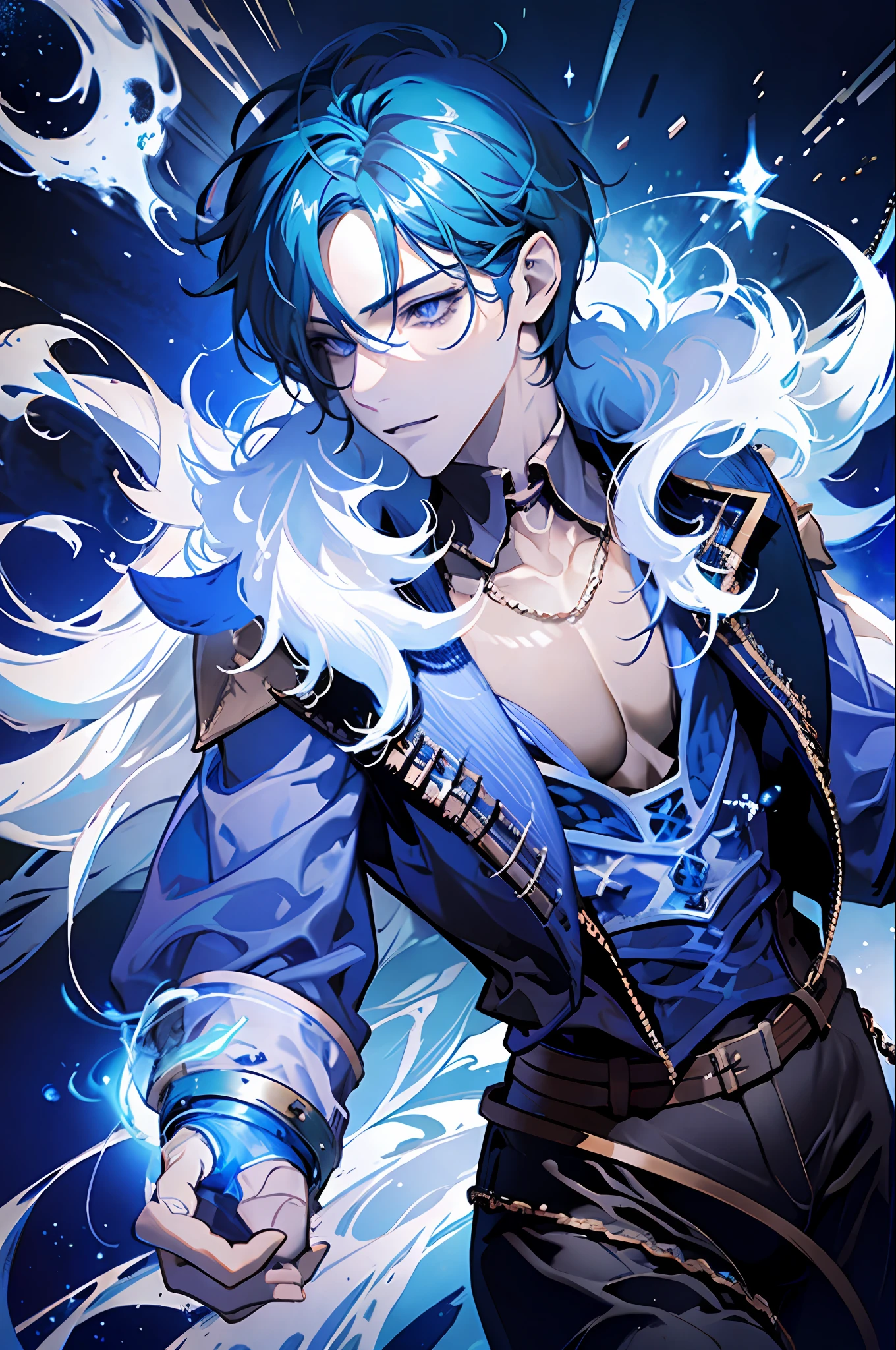 (absurdres, highres, ultra detailed), 1 male solo,  mature, handsome, tall muscular guy, broad shoulders, blue hair, eyepatch, finely detailed eyes and detailed face, extremely detailed CG unity 8k wallpaper, intricate details, (style-swirlmagic:0.8),   portrait,  looking at viewer, solo, (full body:0.6), dynamic pose, detailed background, madness in eyes, blue ice clouds, fireball, warhammer theme, dark clouds, floating pieces of ice and snow   decadence, evil energy emanating,  dark aura, broken shackles, cowboy shot, human, ice crystals