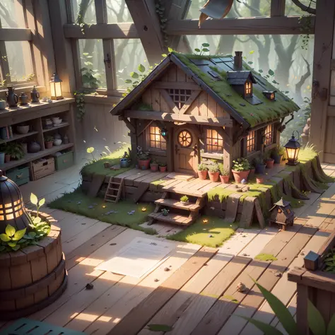 masterpiece, best quality, (extremely detailed CG unity 8k wallpaper), (best quality), (best illustration), (best shadow),A turnip hut covered in moss wtarlight surrounds the room，firefly，petal，glowing windows，isometric 3D, octane render,ray tracing,ultra ...