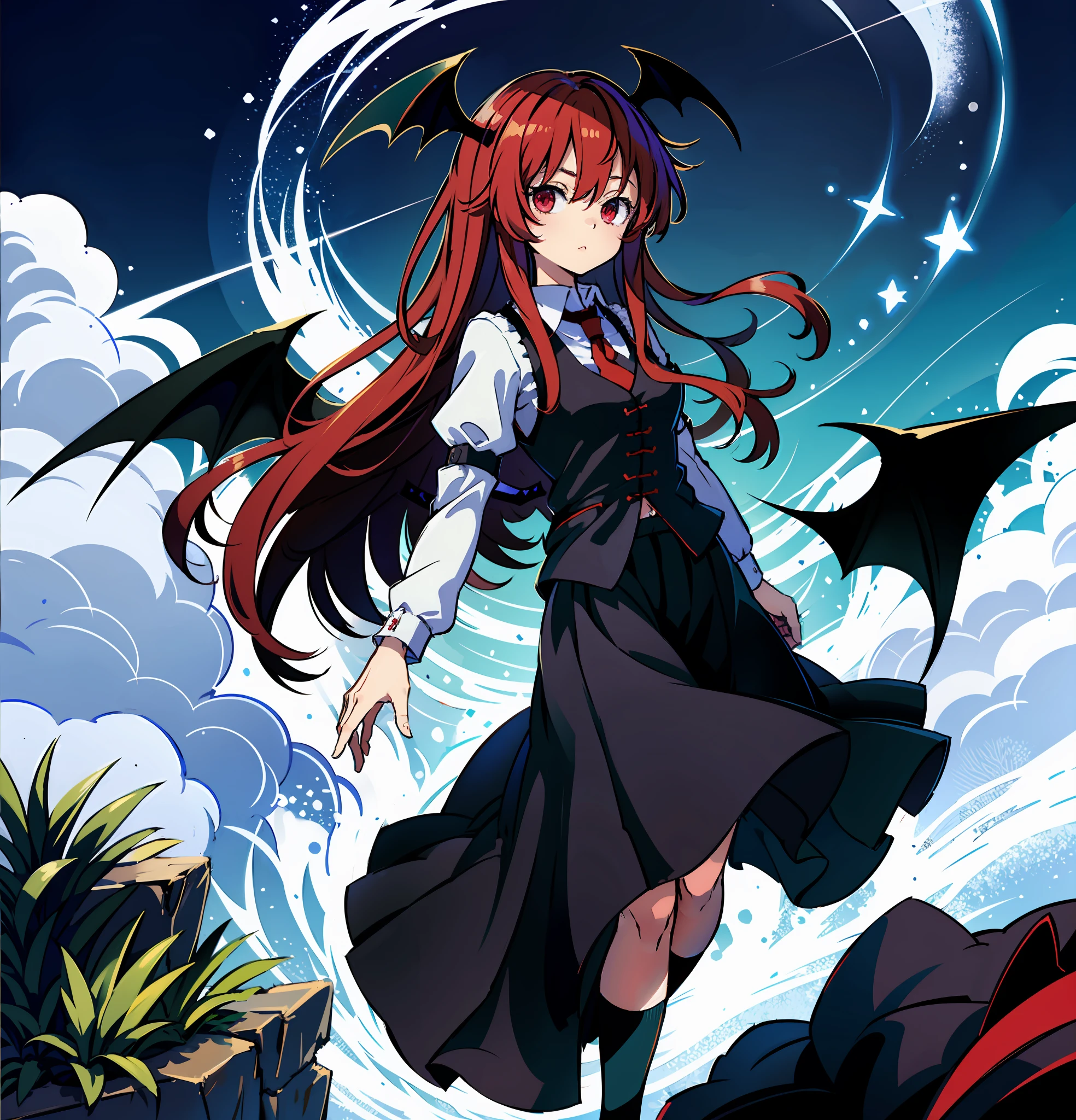 {{koakuma}}, touhou, vest, black skirt, long skirt, red necktie, white shirt, bat wings, masterpiece,white socks,thigh focus,waving