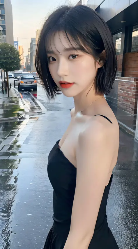 Black dress posing for photo, beautiful asian girl, Korean girl, cute thin face of girl, young woman, short hair, sakimichan, ((...