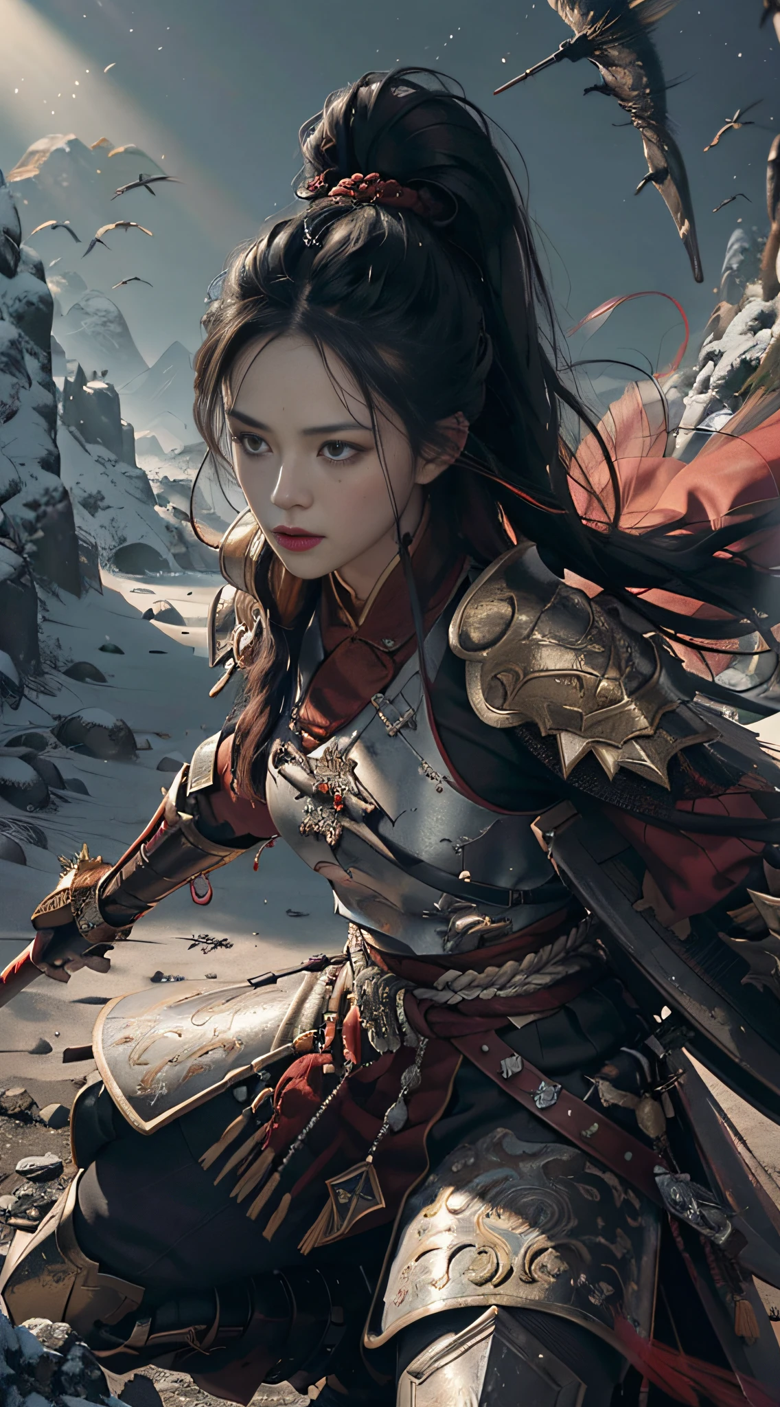 (Positive Focus), (In the Dark: 1), (Best Quality), Movie Poster, Highly Detailed, 8k Wallpaper, Volume Lighting, Dynamic Lighting, A Girl, Long Black Hair, Ponytail, Black Metal Armor, Red Belt, Black Armor, Shoulder Armor, Waist Guard, Hand Guard, Veil, Holding a Long Sword in front of Body, Ancient Chinese Style, Battle Stance, Lots of Blood, Blood Stains on Face, Clothes Damaged, Ancient Chinese Battlefield, Ancient Chinese Soldiers, Arrows Flying, War, Night, Dramatic Composition, Sword qi surrounding, rich picture detail, war, movie lighting,