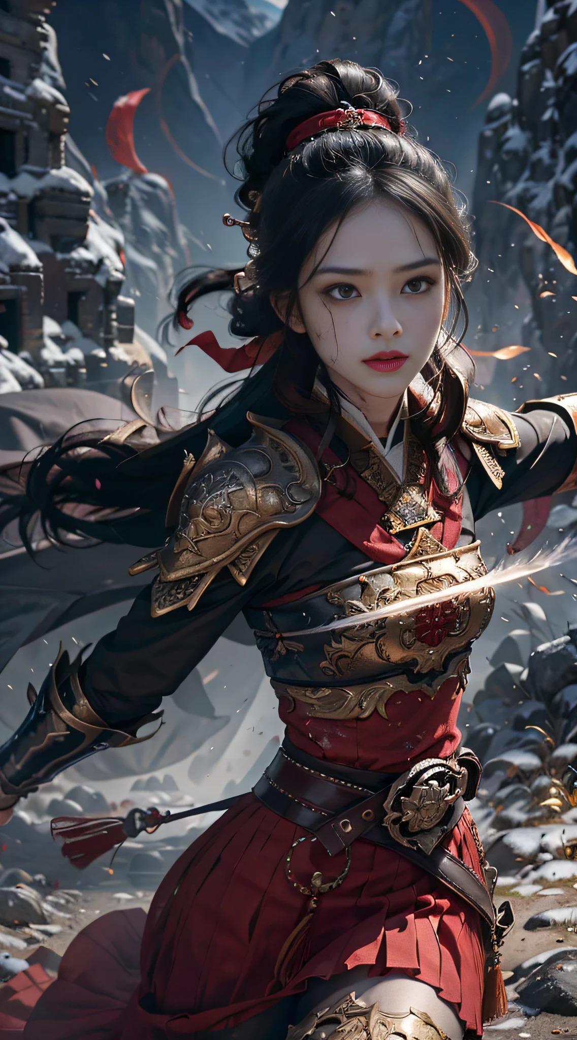 (Positive Focus), (In the Dark: 1), (Best Quality), Movie Poster, Highly Detailed, 8k Wallpaper, Volume Lighting, Dynamic Lighting, A Girl, Long Black Hair, Ponytail, Black Metal Armor, Red Belt, Black Armor, Shoulder Armor, Waist Guard, Hand Guard, Veil, Holding a Long Sword in front of Body, Ancient Chinese Style, Battle Stance, Lots of Blood, Blood Stains on Face, Clothes Damaged, Ancient Chinese Battlefield, Ancient Chinese Soldiers, Arrows Flying, War, Night, Dramatic Composition, Sword qi surrounding, rich picture detail, war, movie lighting,