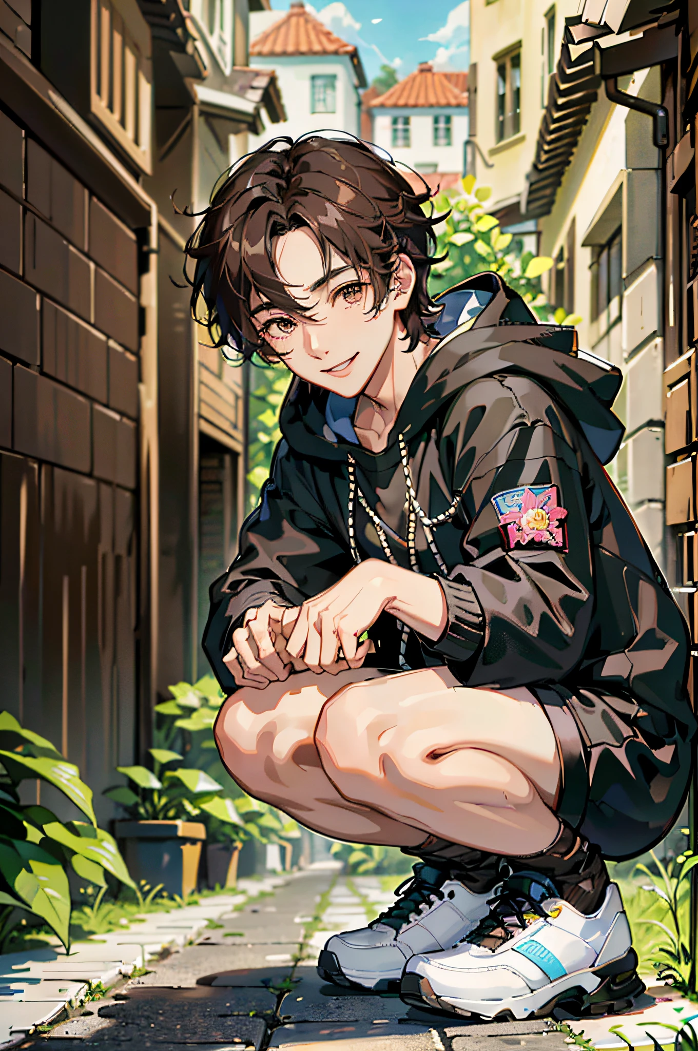 (absurdres, highres, ultra detailed, HDR), masterpiece, best quality, 1boy, solo, handsome, dark brown hair, finely eye and detailed face, forehead, mole under his eye, black oversized hood, (white shorts), sneaker, ear piecing, squatting, plant, flower, back alley background, smile, from above, look up