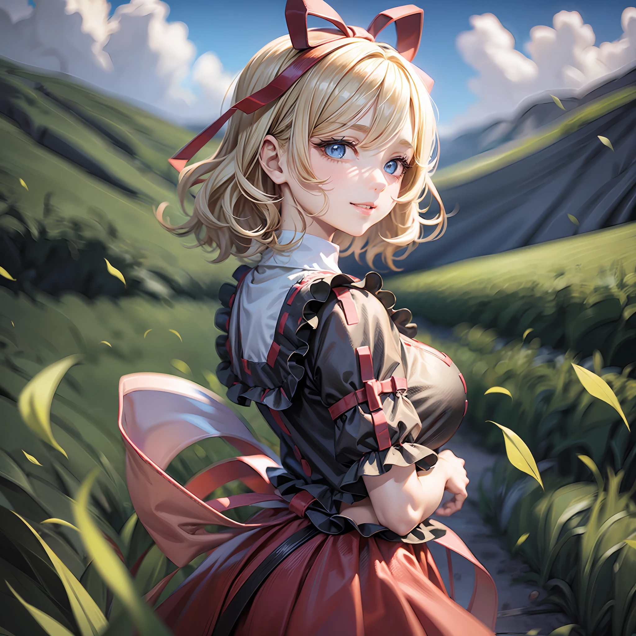 1girl, (Medicine Melancholy, blonde hair, short hair, wavy hair, silver-blue eyes, thick eyelashes, red ribbon, red bow, black shirt, red skirt, bubble skirt, frilled skirt), lily-of-the-valley field, huge breasts, ass, thick thighs, wide hips, looking at the viewer, seductive grin, long skirt, meadow, looking at viewer