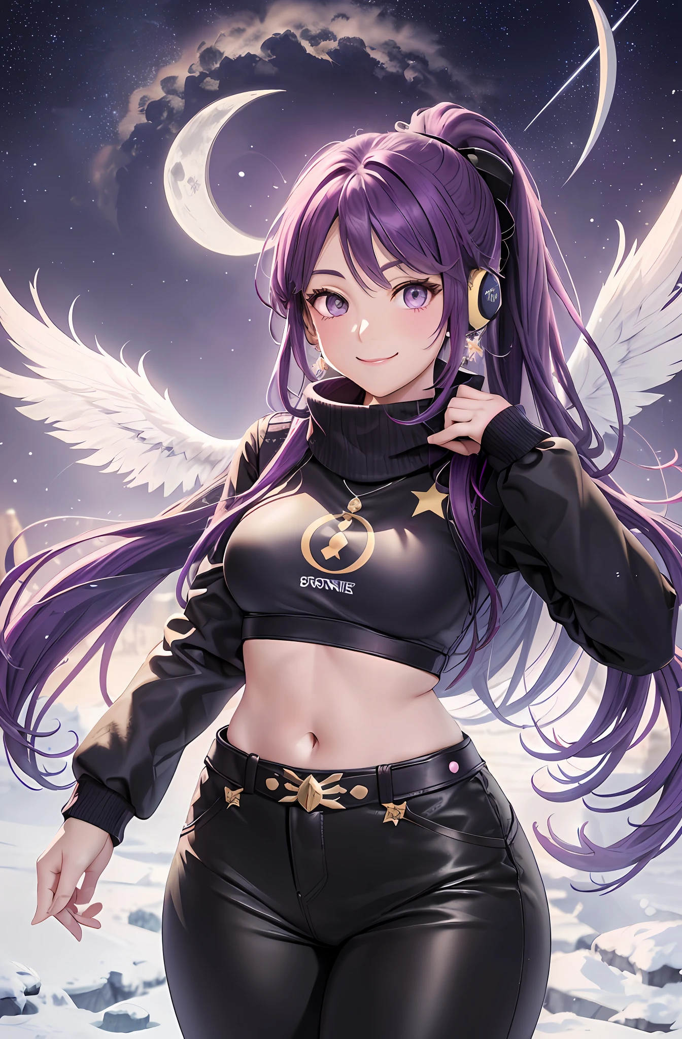 Ponytail. Longhair. Smile, purple hair. Earring. Divine wings on the back. Snow. Ski wear. Winter clothes. Meteor shower. Long pants. Muffler. Smile. Crescent moon. Shooting star. Starry sky. Earphone. Navel out. Wings grown on the back.