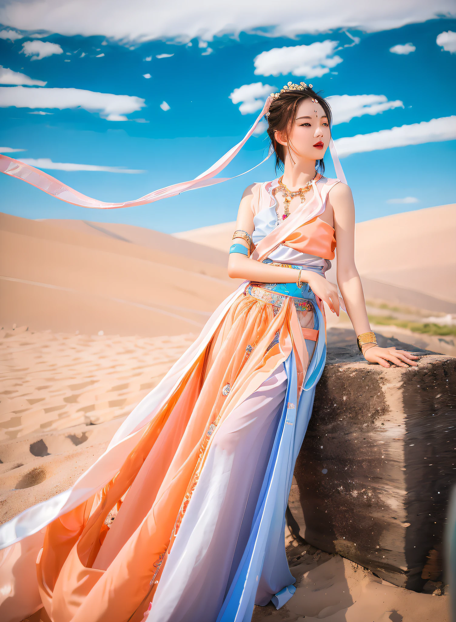 Light pink and light sky blue style, (masterpiece), (best quality: 1.5), super high resolution, original photos, detailed skin, beautiful lighting, (realistic, realistic: 1.4), 1girl, Dunhuang, full body, blue sky, white clouds