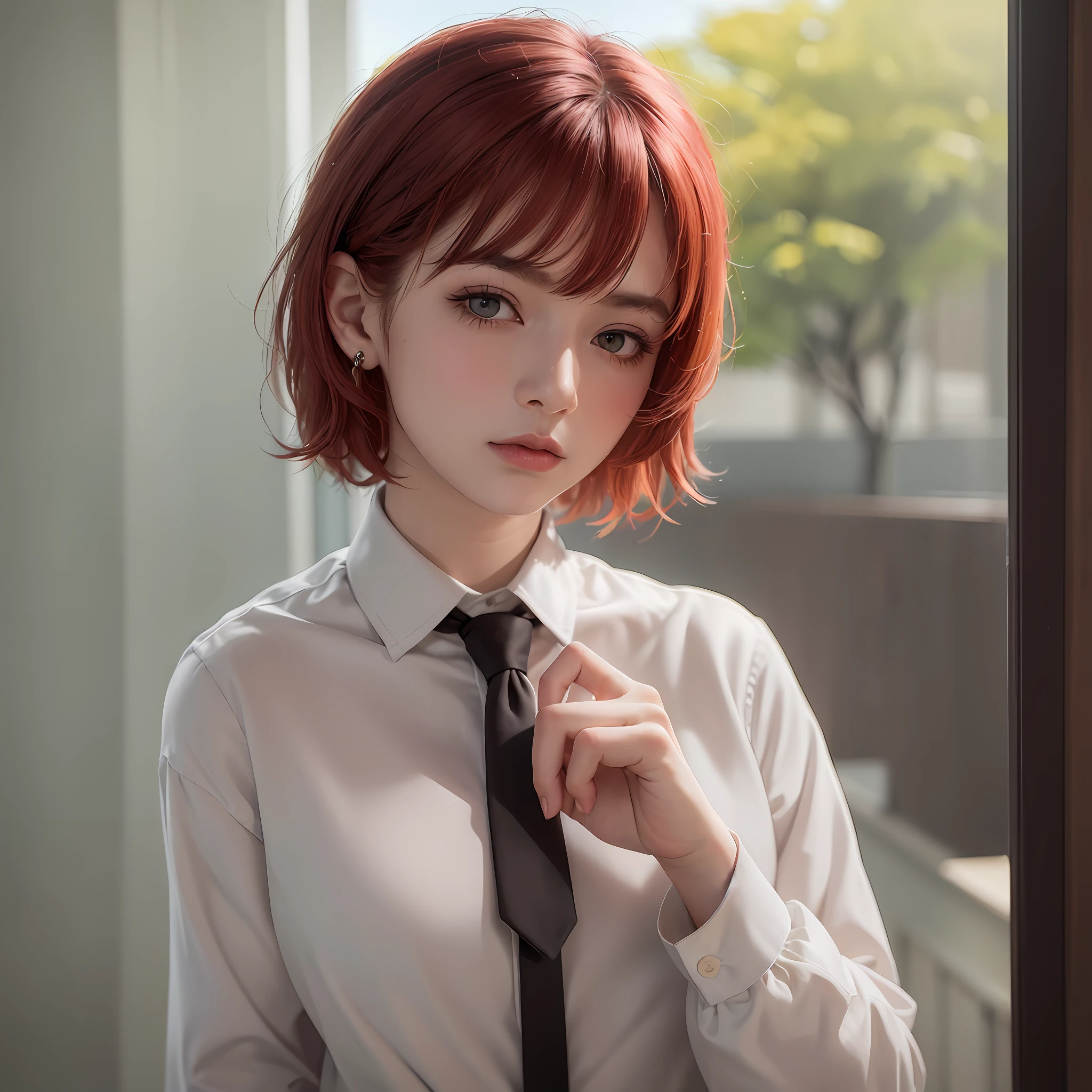 Best image quality, masterpiece, highest quality, full body, sneakers, bags, ribbons, piercings, long hair, super resolution, 18 years old, golden ratio, , detailed shiny skin, (realistic, photorealistic: 1.4), cute girl, standing, looking out the window, white shirt, collared shirt, black tie, black pants, long sleeves, slight smile (nose blush), yellow eyes + rings, short hair + red hair +Long braided hair