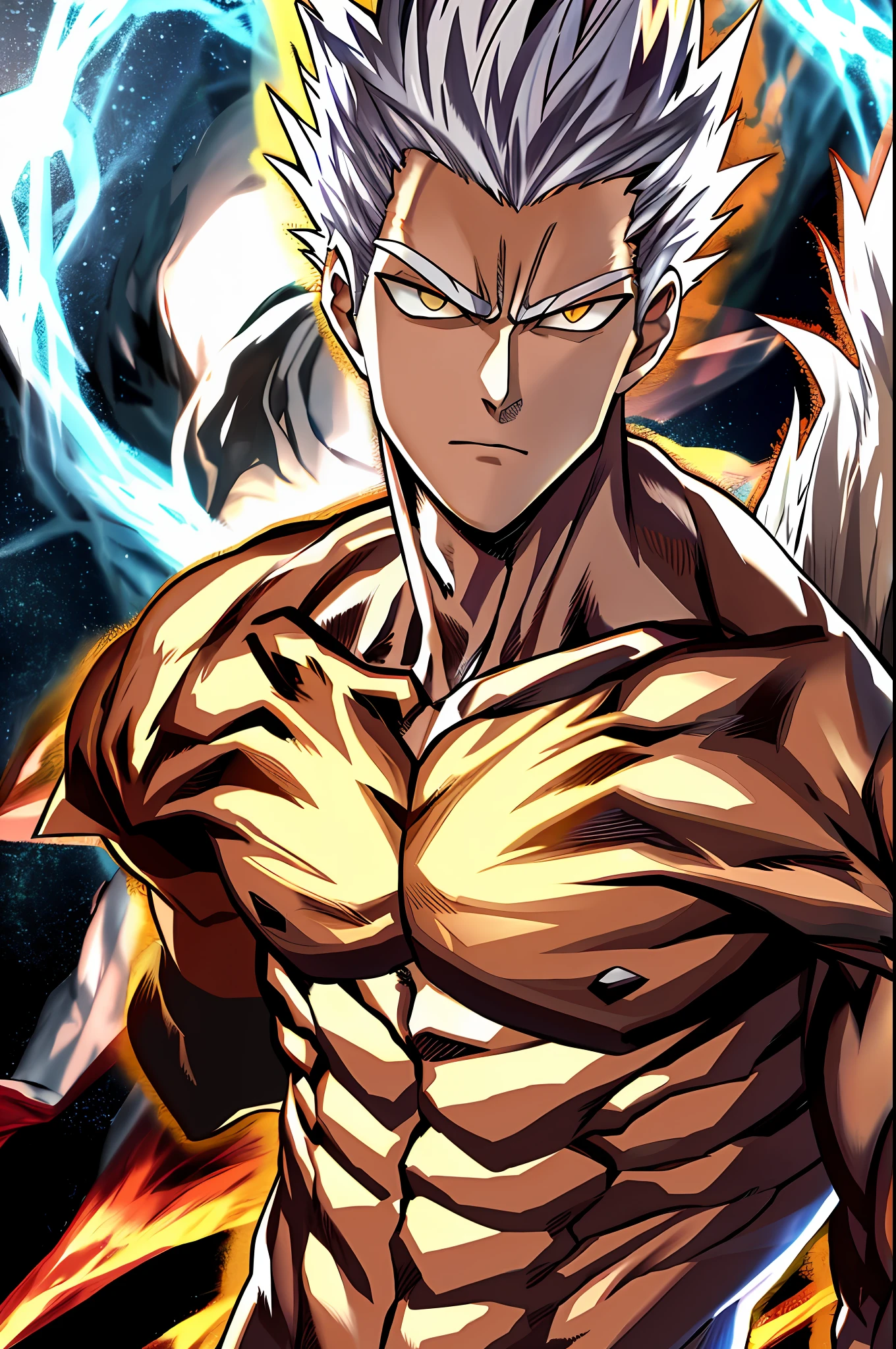 murata yuusuke, garou \(one-punch man\), 1boy, closed mouth, collarbone, yellow eyes, looking at viewer, male focus, manly, muscular,, pectorals, red eyes, silver hair, fight background