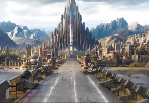 arafed bridge leading to a city with a mountain in the background, huge futuristic temple city, big and structured valhalla city, wakanda background, elaborate matte painting, 4 k matte painting, minas tirith, film still from 'thor', epic matte painting, e...