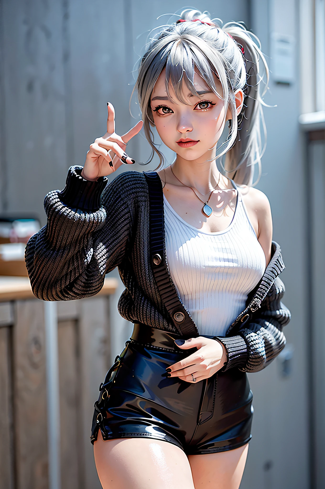 1girl,masterpiece,highest quality,futao (genshin impact),butao,ponytail,brunette,solo,symbol pupil,long hair, finger heart, bangs, black shorts,(highly detailed CG unity 8k wallpaper), (masterpiece), (top quality), (super detailed), (best illustration), (best shadow), (realistic:1.4), 1girl on street, Kpop idol, ((very oversized sweater, button sweater, open sweater), (gray hair:1.1), collarbone, (middle breast: 1.3), viewer, smile, whole body, (latex clothes, Latex tights, soft smile, smooth texture of clothes),