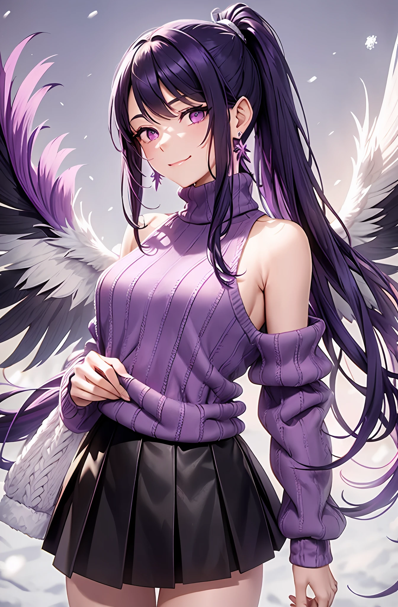 Ponytail. Longhair. Smile, purple hair. Earring. Divine wings on the back. Flip up the skirt. Slender body. Snow. Winter clothes. Muffler. Sweater. Shoulder out. Purple Wings
