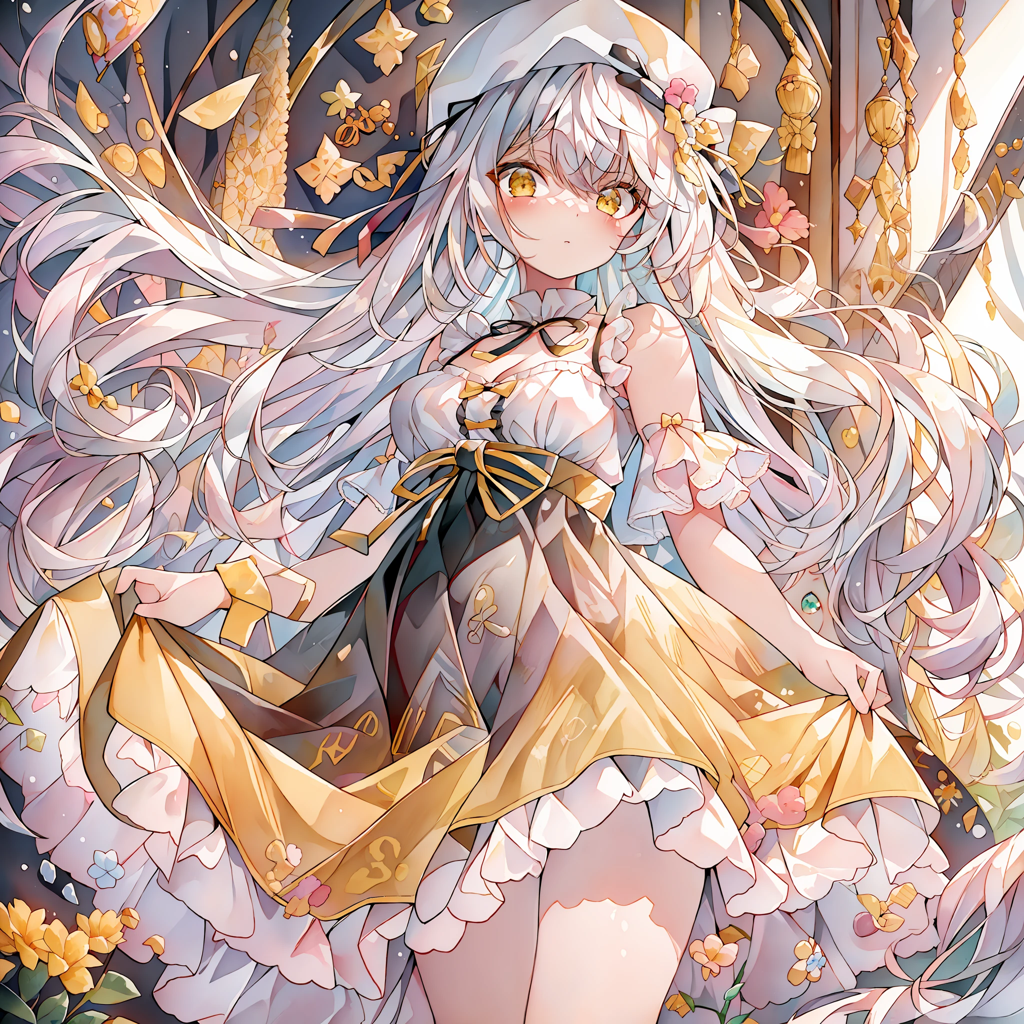 {{best quality}},{llustration},{beautiful detailed eyes},dynamic angle, 1 girl, (masterpiece, best quality:1.2),white hair,yellow eyes,cute face,loli face,white halter dress,{{border}},light,solo,{{white beret}},small breasts,loli,{{full body}},stereogram,frilled dress,white and yellow theme,neck ribbon,criss-cross halter,strapless dress,white clothes,yellow diamond color crystal background,framed breasts,Blunt bangs,cleavage,navel