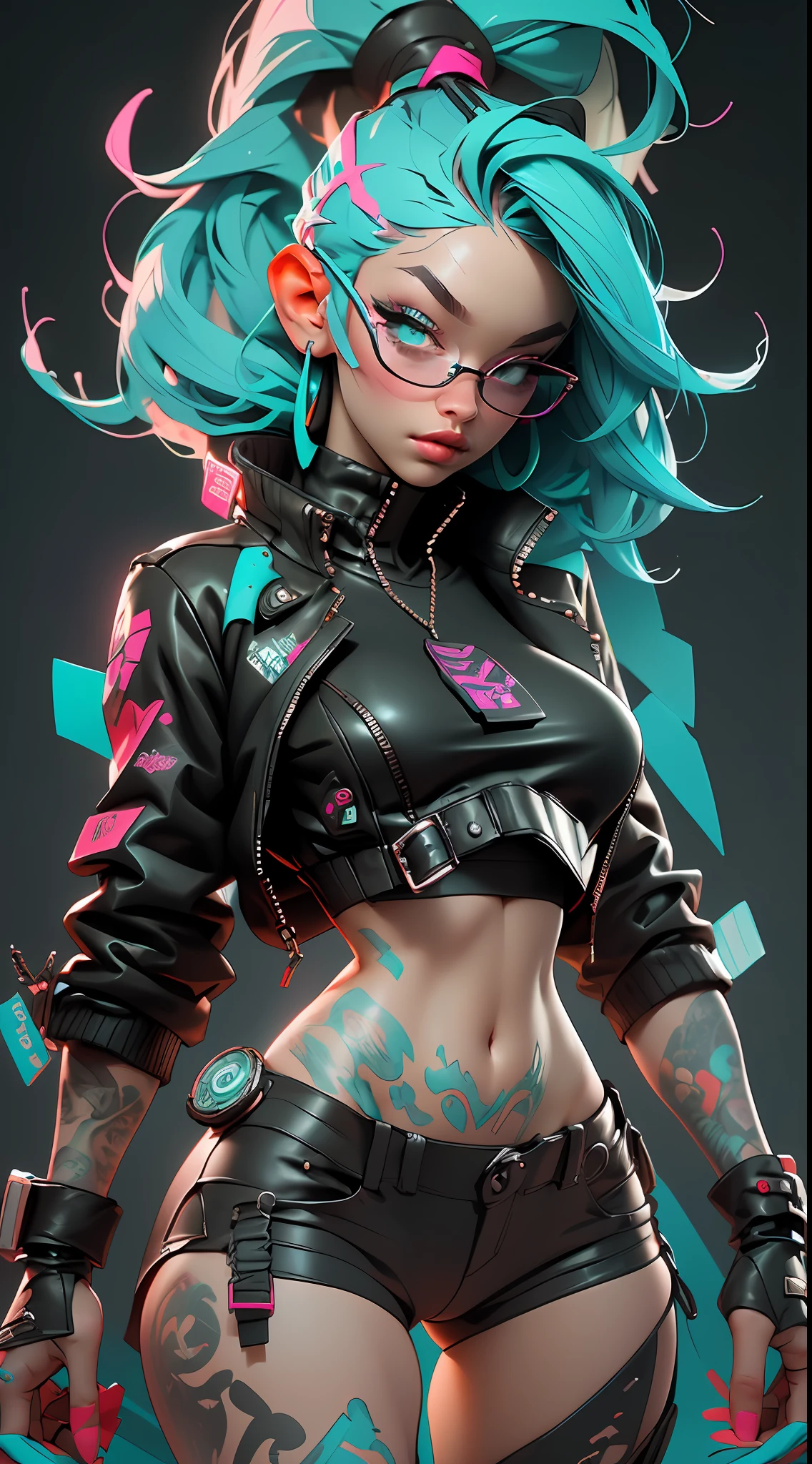 ((Best Quality)), ((Masterpiece)), ((Realistic)) and ultra-detailed photography of a 1nerdy girl with goth and neon colors. She has ((turquoise hair)), wears a tech-wear jacket and a black thong, red pattern:1.2, ((beautiful and aesthetic)), sexy, under-boobs, hot