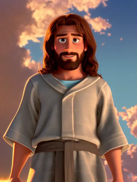 Happy Jesus Christ, Young, Brown Hair, Pixar Style