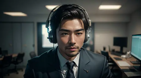 (8k, RAW photo, best quality, masterpiece: 1.2), (realistic, photo realistic: 1.37), 1man, broadcast room, asian man, handsome suit, headset on head, computer, chair, desk, broadcasting equipment, indoor lighting