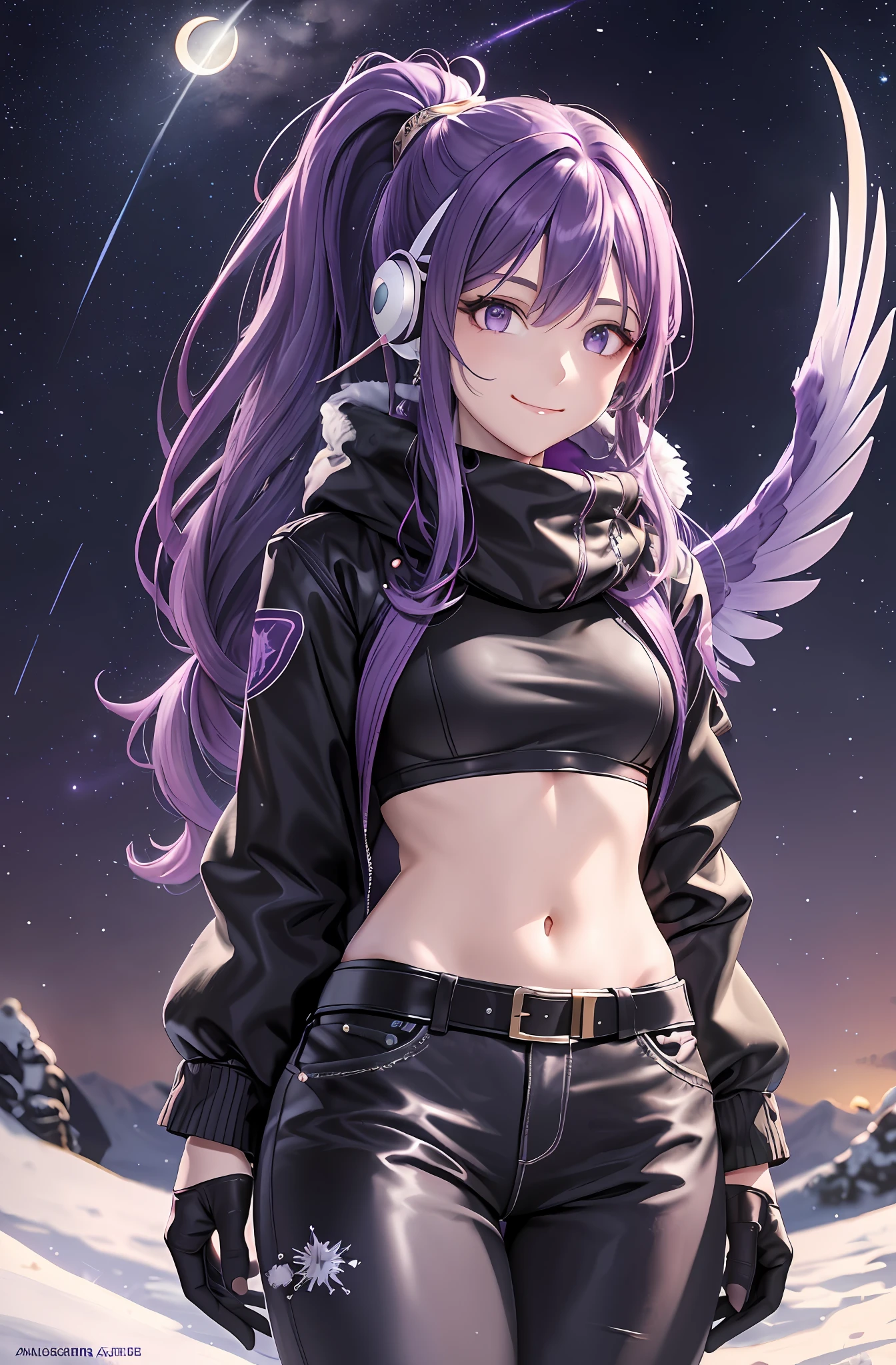 Ponytail. Longhair. Smile, purple hair. Earring. Divine wings on the back. Snow. Ski wear. Winter clothes. Meteor shower. Long pants. Muffler. Smile. Crescent moon. Shooting star. Starry sky. Earphone. Navel out. Wings grown on the back. Purple wings.