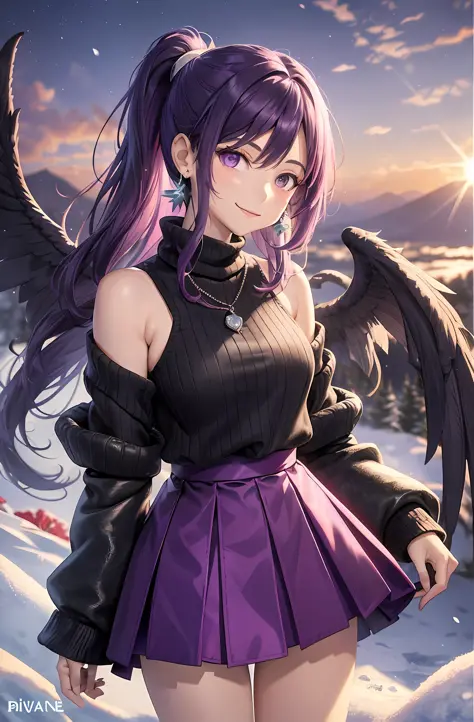 Ponytail. Longhair. Smile, purple hair. Earring. Divine wings on the back. Flip up the skirt. Slender body. Snow. Winter clothes...