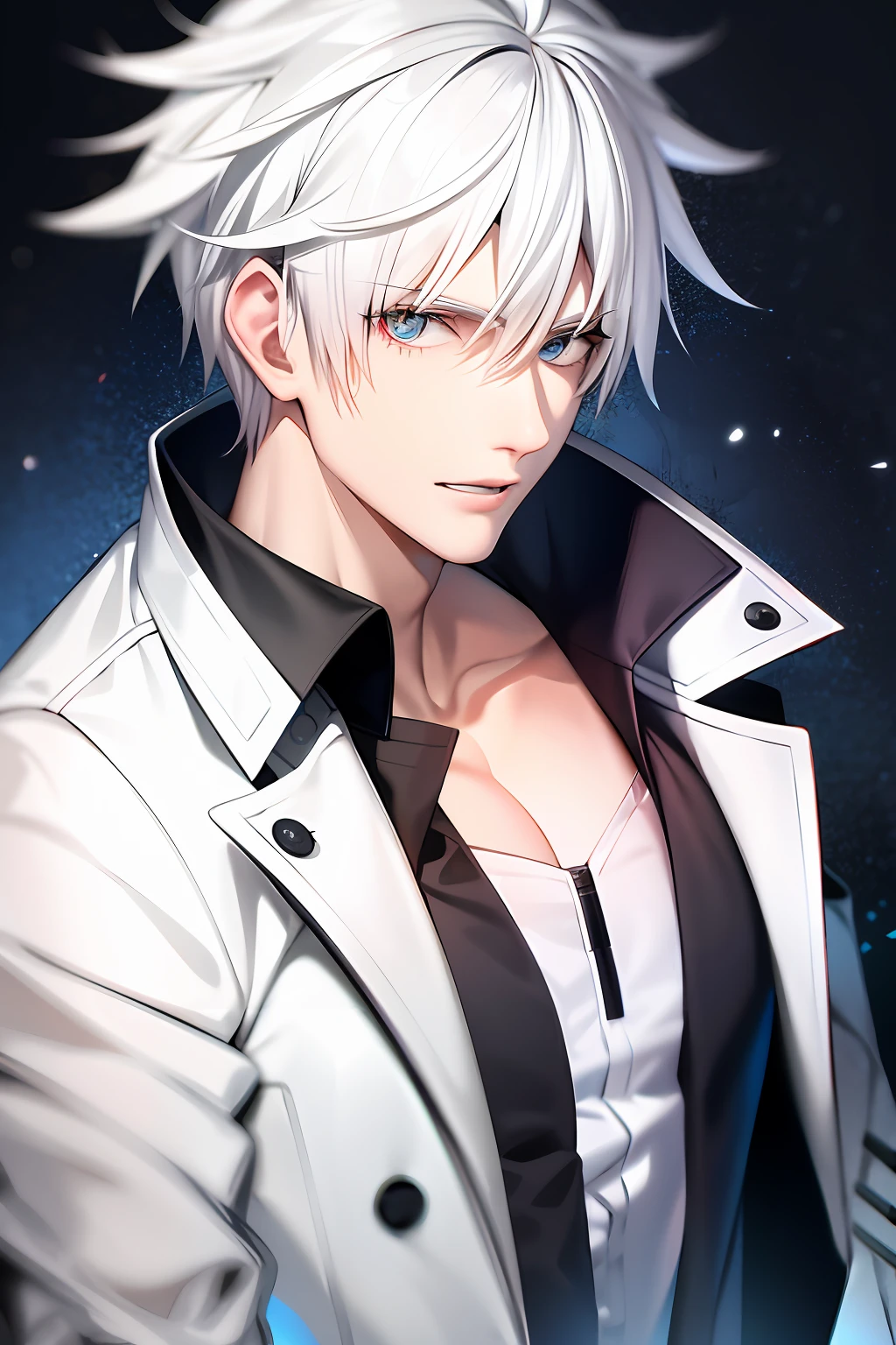 Homme blanc de style anime aux cheveux blancs, veste grise et cicatrices sur tout le corps