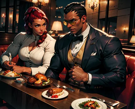 couple, ((crmson viper)), ((balrog)), dining in luxury restaurant, couple in love, night, illuminated by internal light, digital...