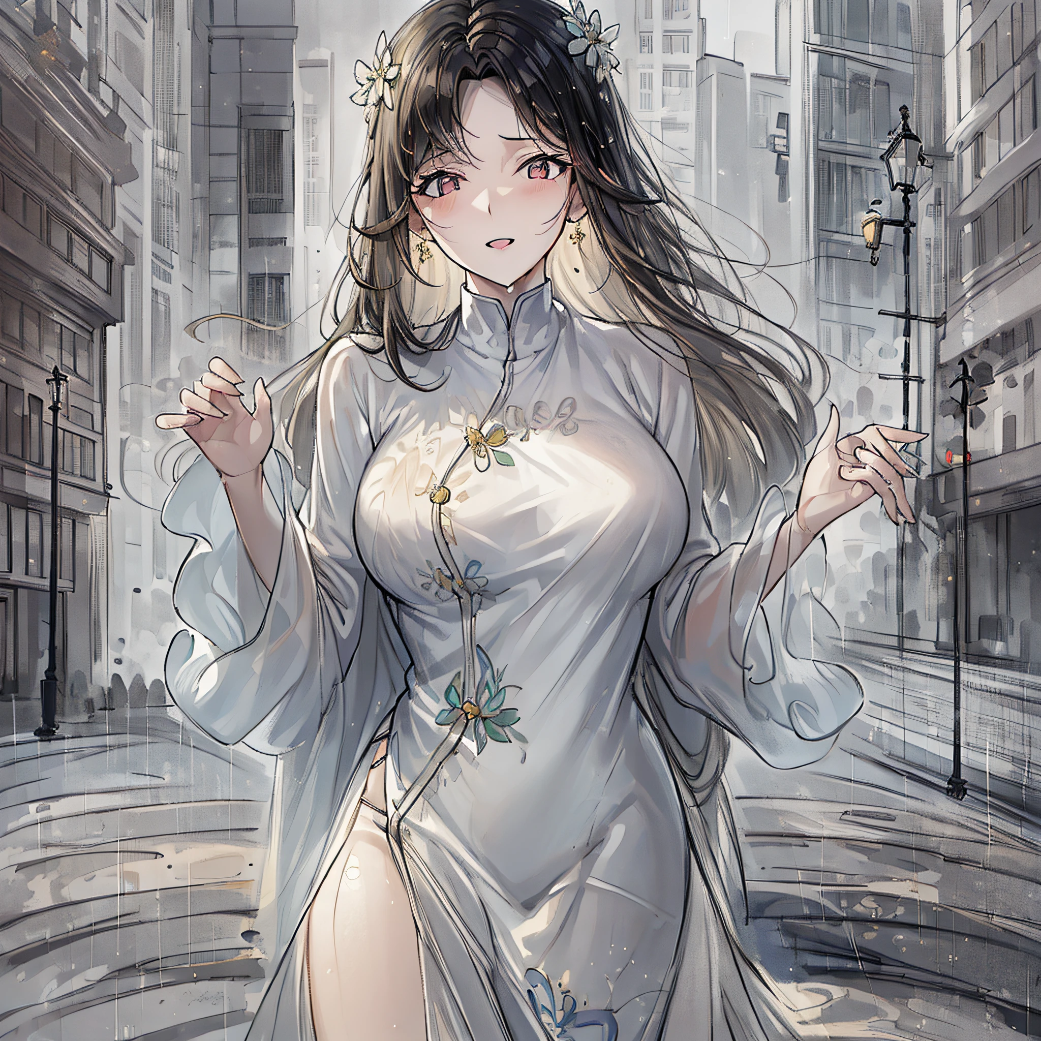 ((Best Quality, 8K, Masterpiece:1.3)), Focus: 1.2, Perfect Body Beauty: 1.4, Buttocks: 1.2, ((Layered Haircut, Breasts: 1.2)), (Wet Clothes: 1.1) , (Rain, Street:1.3), Bandeau Dress: 1.1, Highly Detailed Face and Skin Texture, Delicate Eyes, Double Eyelids, Whitened Skin, Long Hair