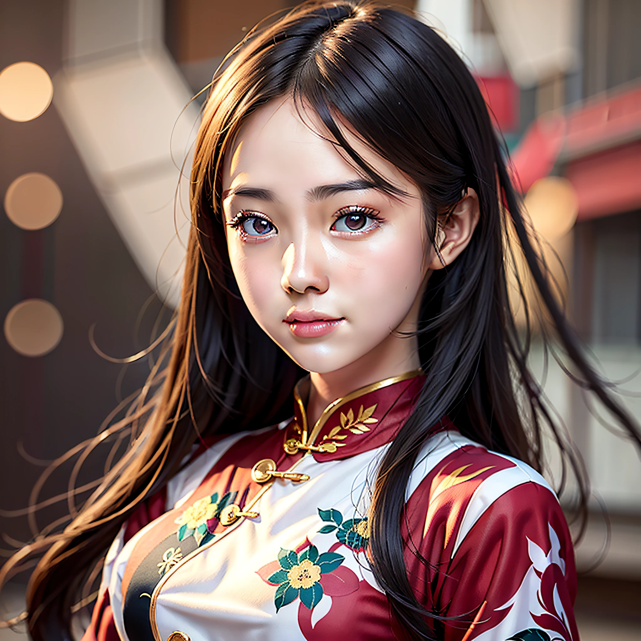 una chica china, 1, (foto de cuerpo completo 1.5) (Cheongsam 1.3), Ojos bonitos, cara real, piel real, cara realista, Piel realista, ojos detallados, rasgos faciales detallados, Características detalladas de la ropa., (peinado de moda: 1.2) pose dinámica, mirando a la audiencia, fondo sencillo, día lluvioso, sonrisa, cara detallada, párpados dobles, no faltan dientes