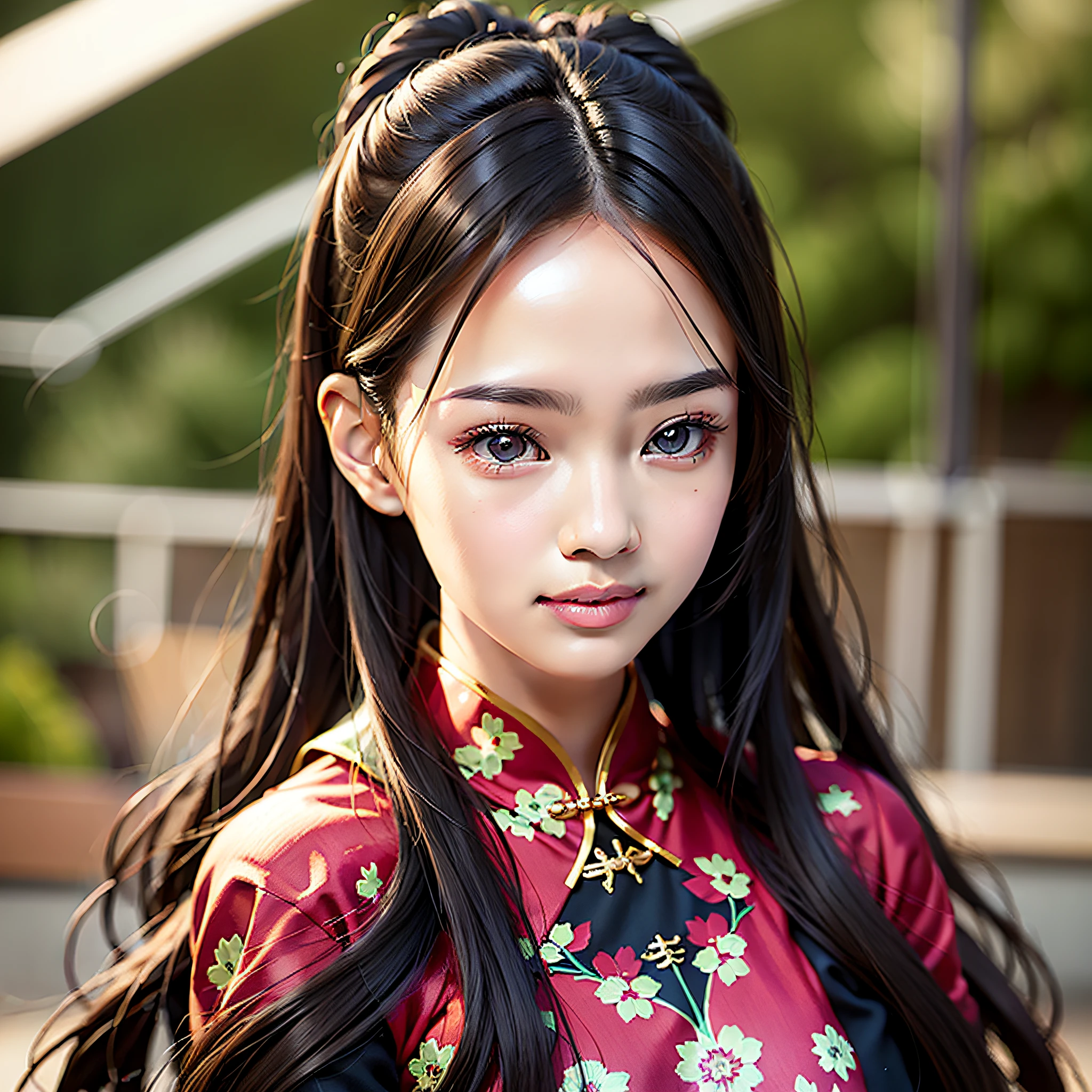 une fille chinoise, 1, (photo du corps entier 1.5) (Cheongsam1.3), Beaux yeux, vrai visage, vraie peau, visage réaliste, Peau réaliste, yeux détaillés, traits du visage détaillés, caractéristiques détaillées des vêtements, (coiffure de mode: 1.2) pose dynamique, En regardant le public, fond simple, Jour de pluie, sourire, Visage détaillé, Double paupières, pas de dents manquantes