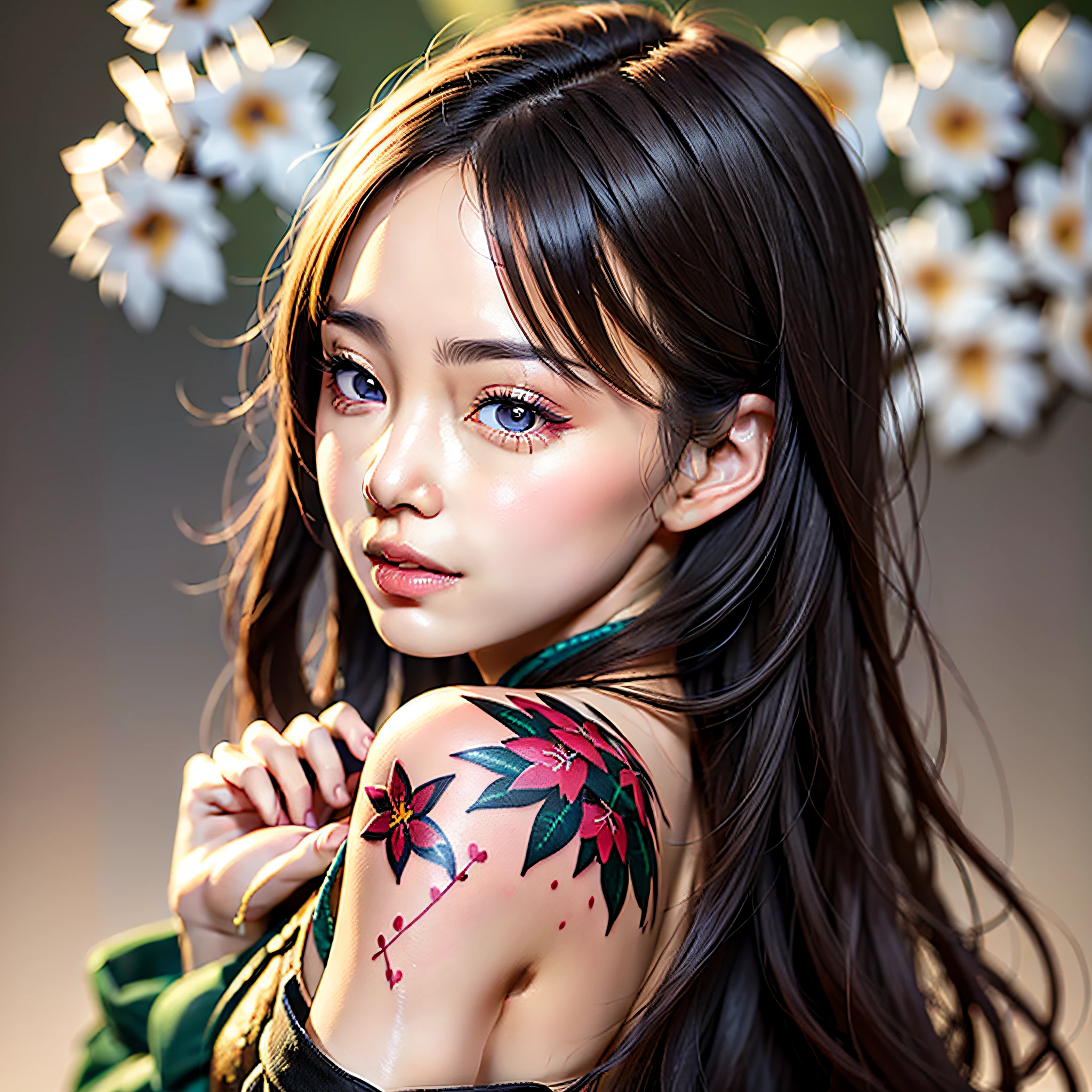 Ein chinesisches Mädchen, 1 (Zurück Orchidee Tattoo 1.5), (Ganzkörperbild 1.2), (offener Rücken 1.1) wunderschöne Augen, echtes Gesicht, echte Haut, realistisches Gesicht, realistische Haut, Detaillierte Augen, detaillierte Gesichtszüge, detaillierte Kleidungsmerkmale, (Mode Frisur: 1.2) dynamische pose, Blick ins Publikum, Einfacher Hintergrund, lächeln, Detailliertes Gesicht, Doppelte Augenlider,