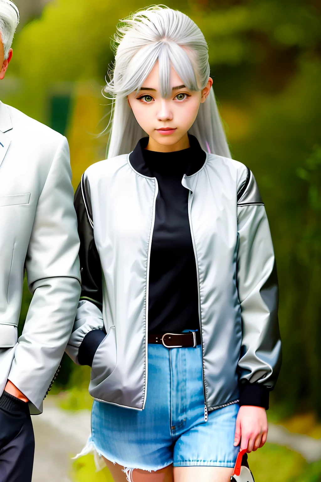 Beautiful loli with a white haired man with gray jacket