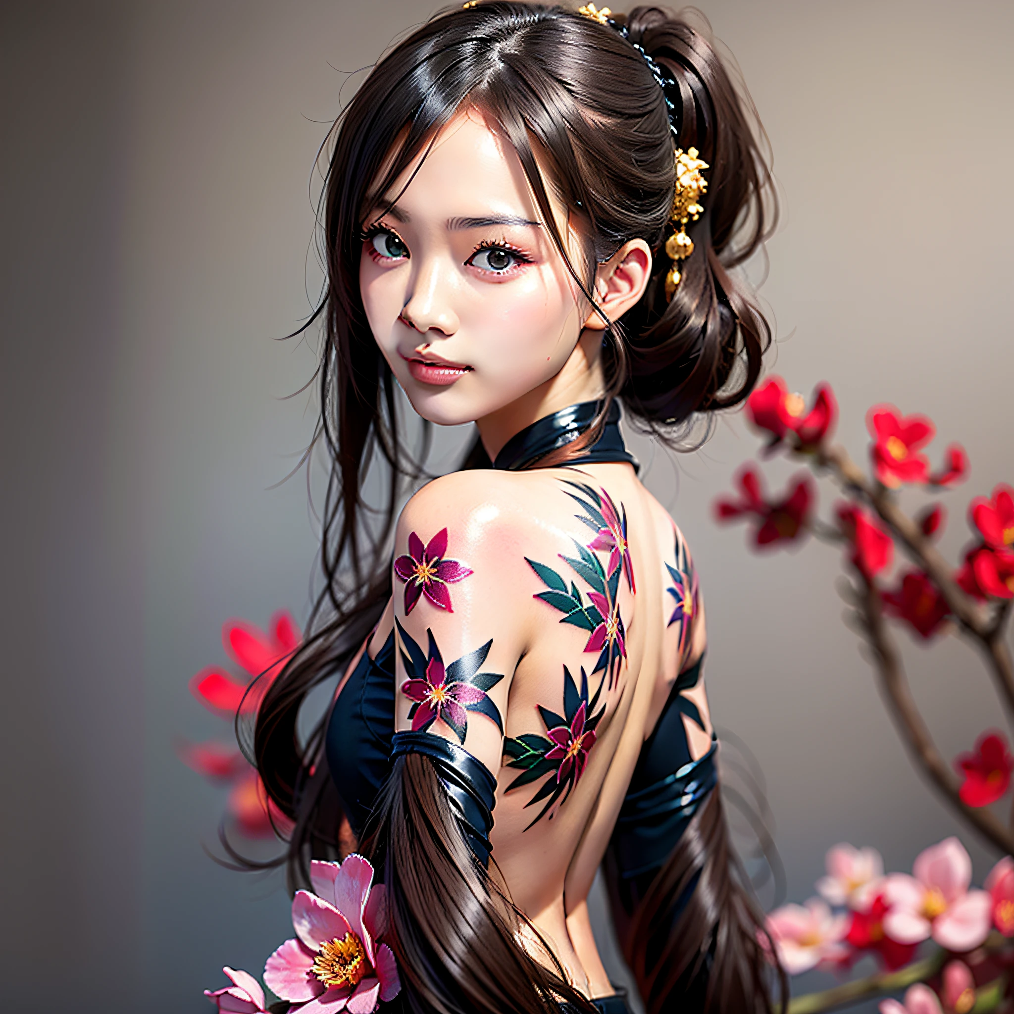 A Chinese girl, 1 (back orchid tattoo 1.5), (full body picture 1.2), (open back 1.1) beautiful eyes, real face, real skin, realistic face, realistic skin, detailed eyes, detailed facial features, detailed clothing features, (fashion hairstyle: 1.2) dynamic pose, looking at the audience, simple background, smile, detailed face, double eyelids,