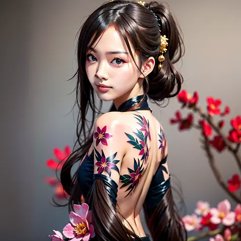 A Chinese girl, 18 years old (back orchid tattoo 1.5), (full body picture 1.2), (open back 1.1) beautiful eyes, real face, real ...