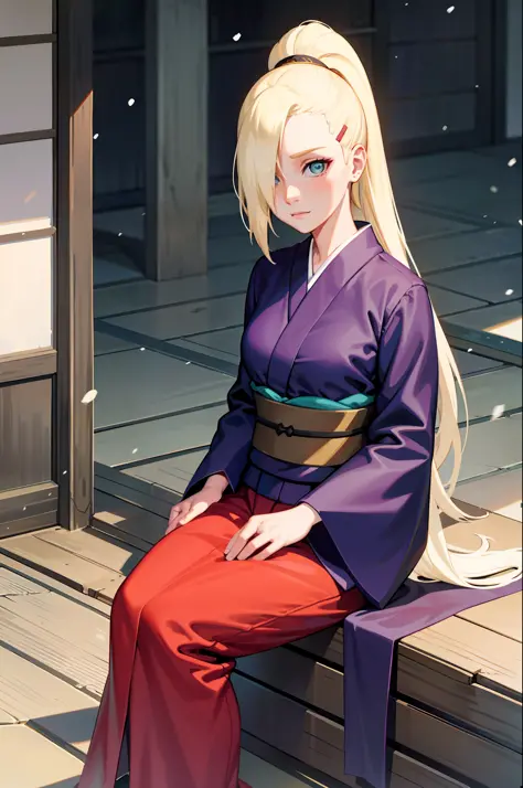 yamanaka ino, kimono, snowing, sitting, 1 girl, solo, masterpiece,