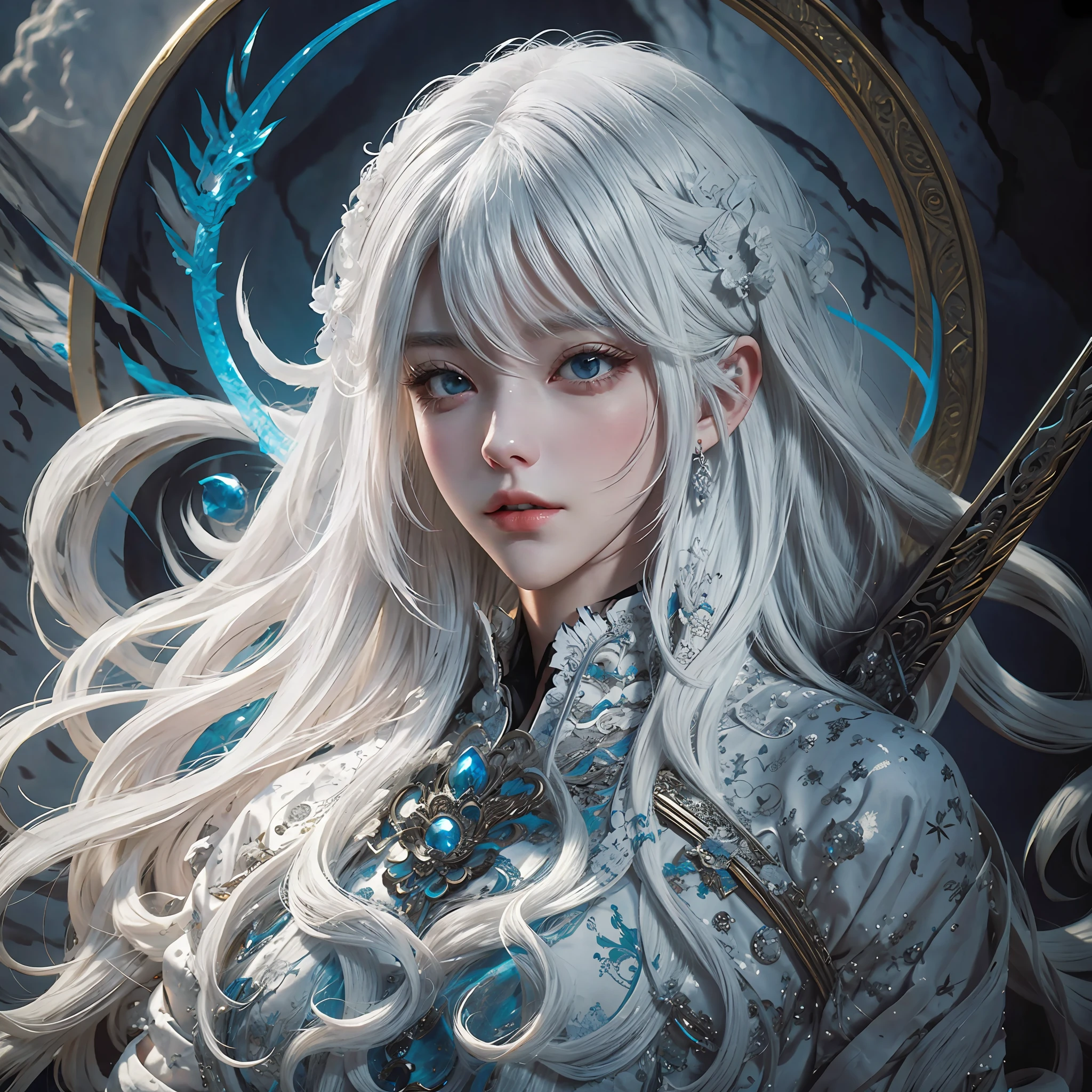 a close up of a person with white hair and a sword, white haired deity, with white long hair, with long white hair, artwork in the style of guweiz, white haired, guweiz, handsome guy in demon slayer art, beautiful character painting, by Yang J, white-haired, guweiz on pixiv artstation, anime character --auto --s2