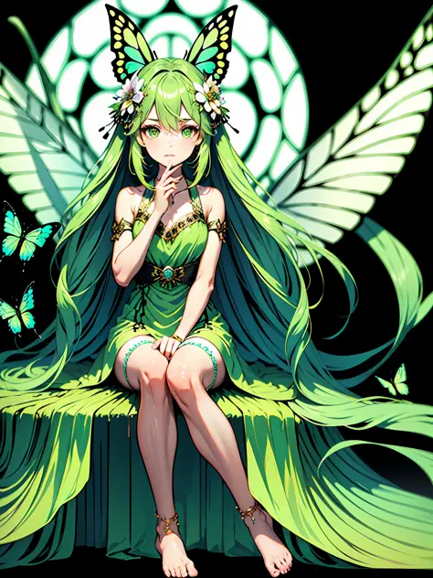 Niji Style Lora, 1girl, long hair, green hair, dress, black background, wings, flower, solo, butterfly, fairy wings, barefoot, h...