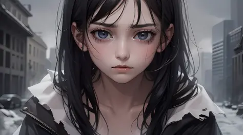 (best quality, masterpiece), ultra detailed screen with 8k resolution, a poor girl alone, black hair, torn and battered clothes, sad and hopeless eyes, dark and gloomy background, cold and melancholic atmosphere, nostalgia.