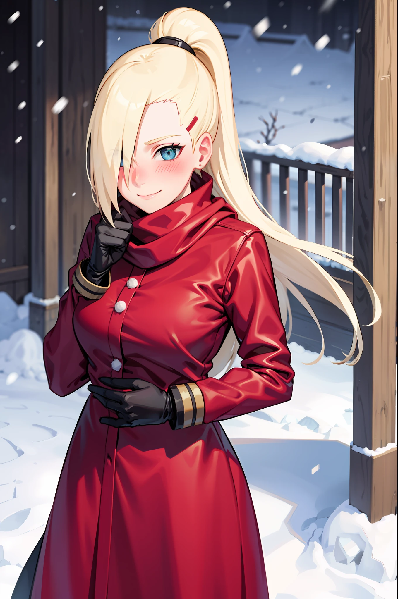 Yamanaka-Ino, Bufanda, ropa de invierno, al aire libre, nieve, nieveing, Navidad, 1 chica, solo, Obra maestra, pose sexy, tímido, sonrisa, rubor, manos detrás,