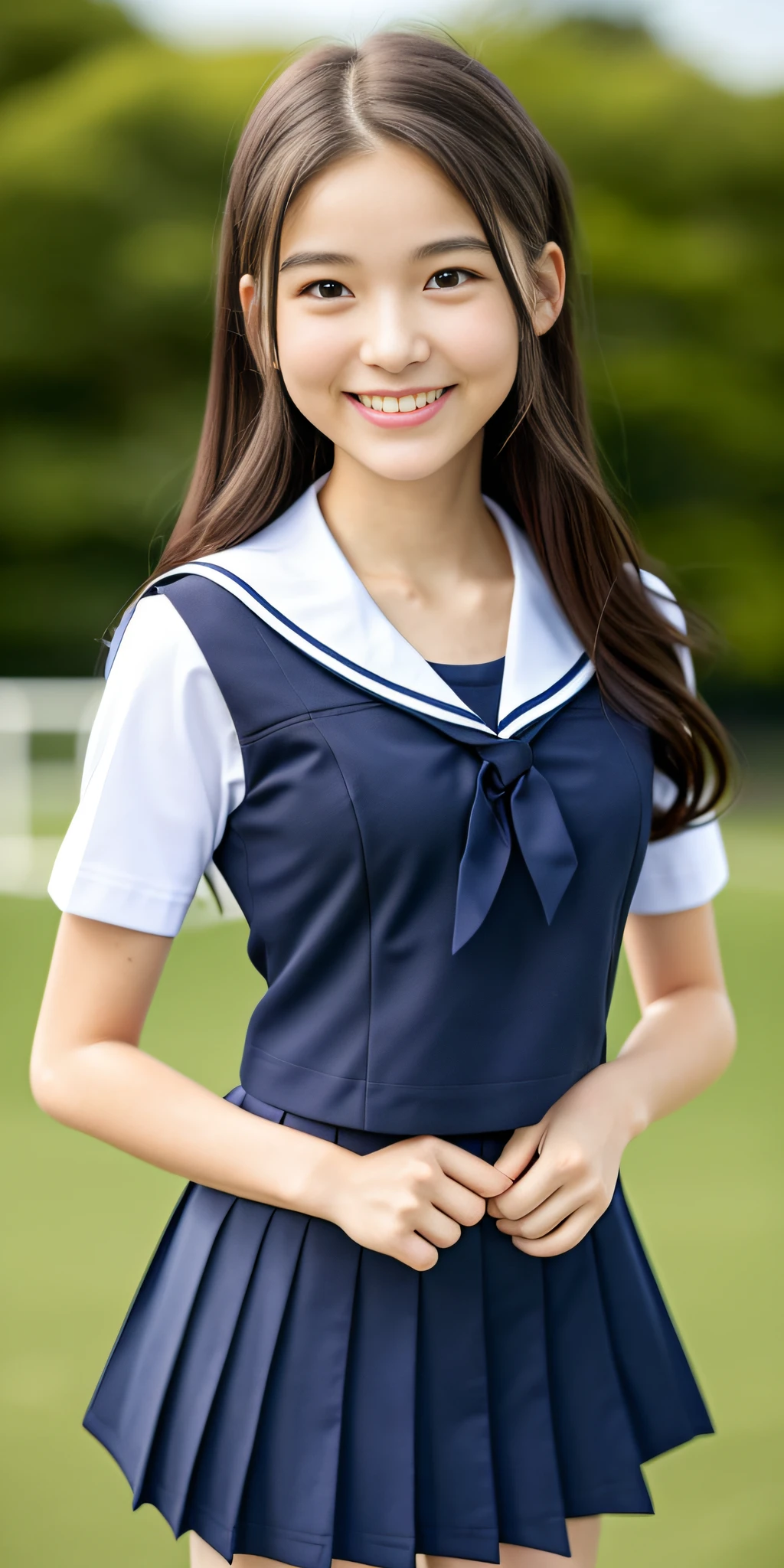 A woman in a blue and white uniform posing for a picture - SeaArt AI