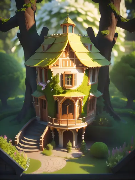 Close-up of baroque small house with tree in garden, stylized 3d rendering, stylized 3d rendering, stylized concept art, stylized 3d rendering, stylized game art, fantasy house, isometric 3d fantasy cute house, super detailed color lowpoly art, stylized 3d...