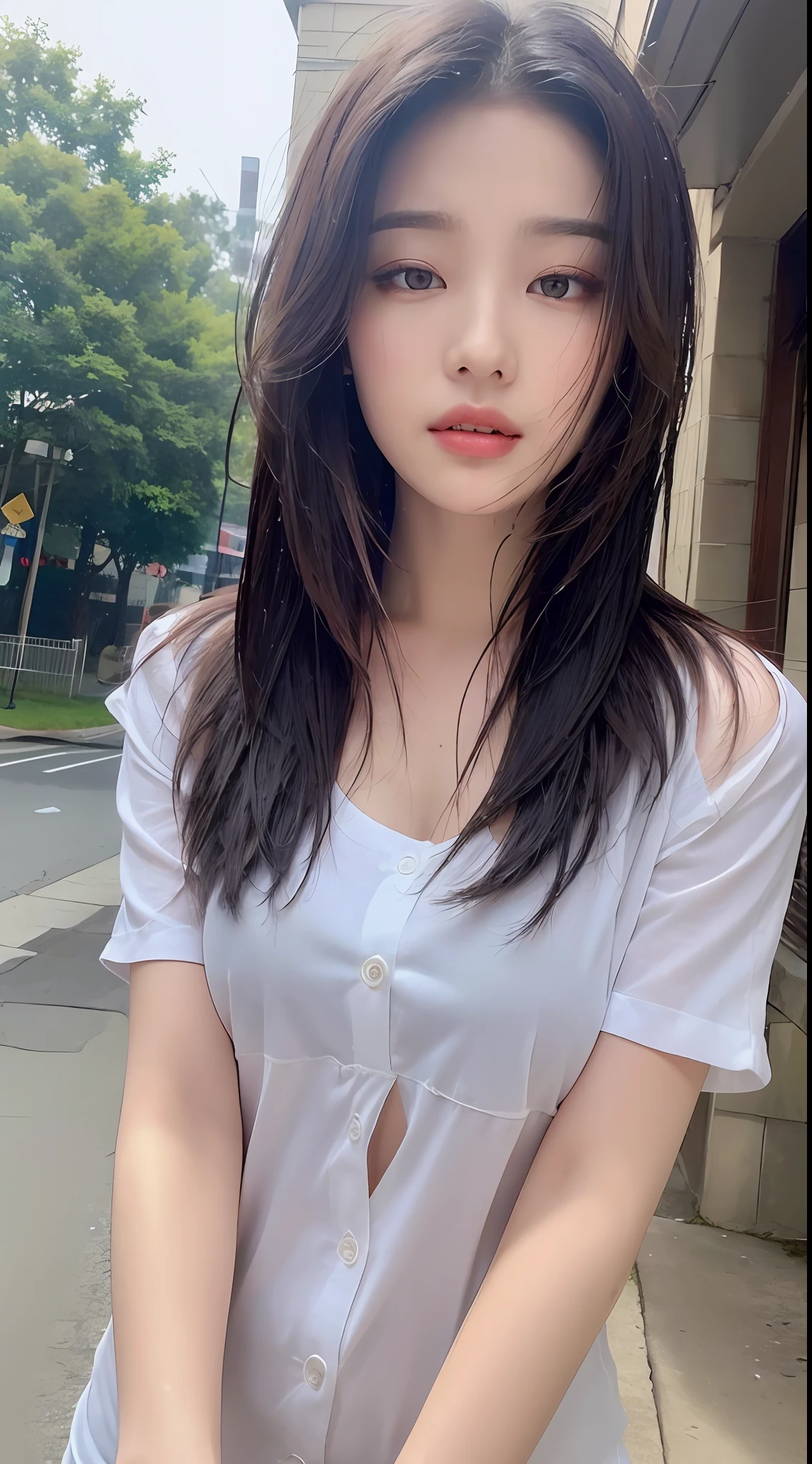 ((Best Quality, 8K, Masterpiece: 1.3)), Sharp: 1.2, Perfect Body Beauty: 1.4, Slim Abs: 1.2, ((Layered Hairstyle, Big Breasts: 1.2)), (Wet White Button Short Sleeve Shirt: 1.1), (Rain, Street: 1.2), Wet: 1.5, Highly detailed face and skin texture, Fine eyes, double eyelids, looking at the camera