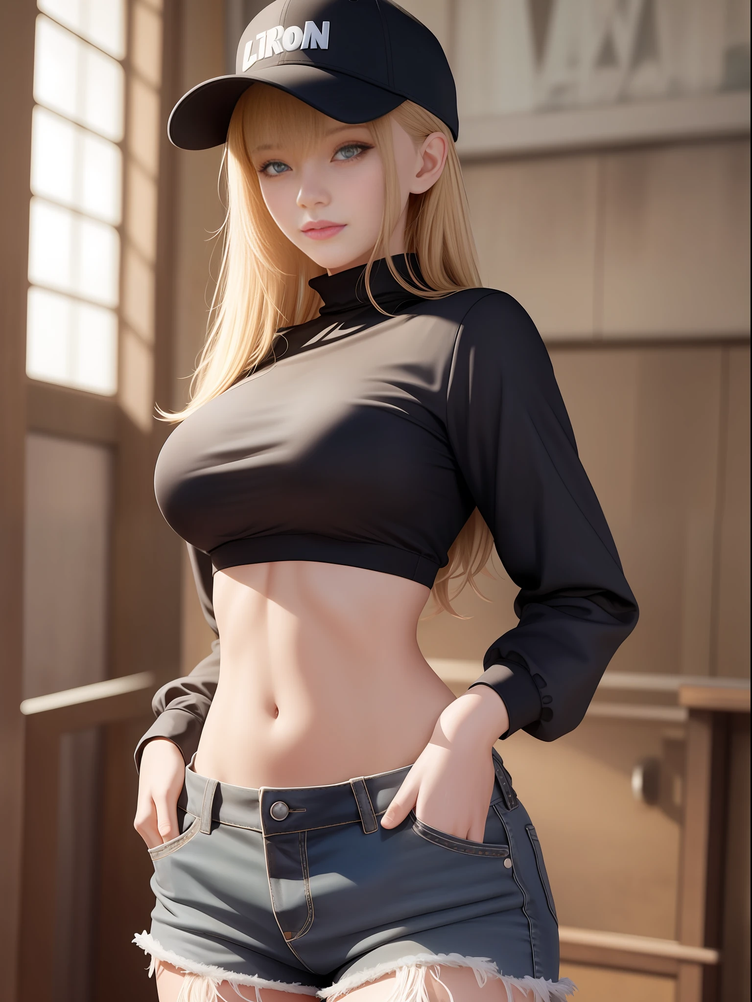 1 beautiful woman, , bangs, baseball cap, blonde hair, black headwear, black pants, black shirt, brown eyes, cowboy shot, crop top, medium breasts, hair between eyes, hand in pocket, hat, medium breasts, long hair, long sleeves, looking at viewer, navel, pants, lips parted, ponytail, shirt, sidelocks, solo, stomach, white background, (masterpiece), (best quality),  mature female, shiny skin.